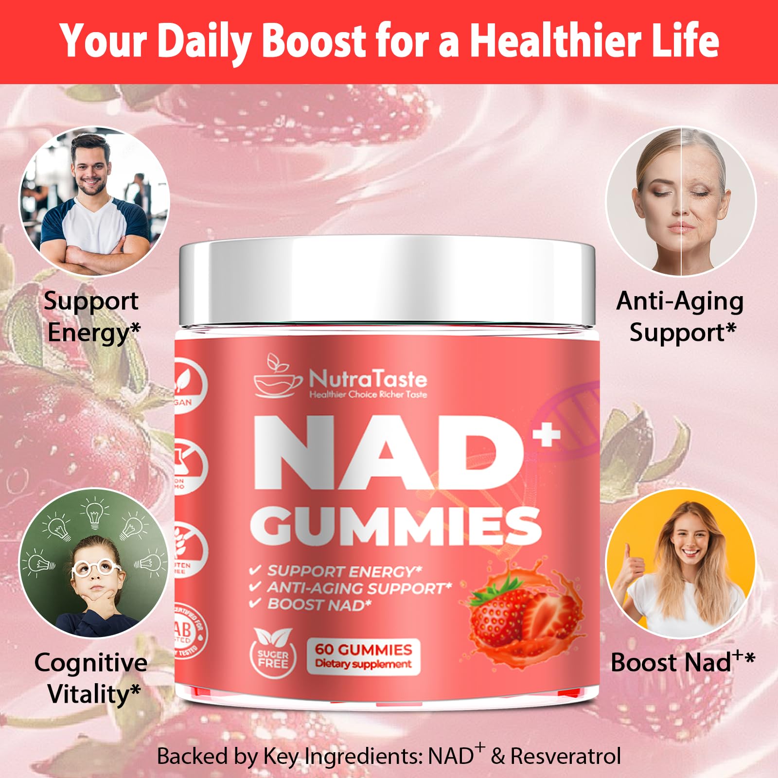 NUTRATASTE HEALTHIER CHOICE RICHER TASTE NAD⁺ Gummies Supplement for Anti-Aging, Energy & Focus Boost | Resveratrol, Nicotinamide Riboside | Strawberry Flavor, Vegan, Sugar-Free,60 Count (Pack of 1) NUTRATASTE HEALTHIER CHOICE RICHER TASTEAu supplements