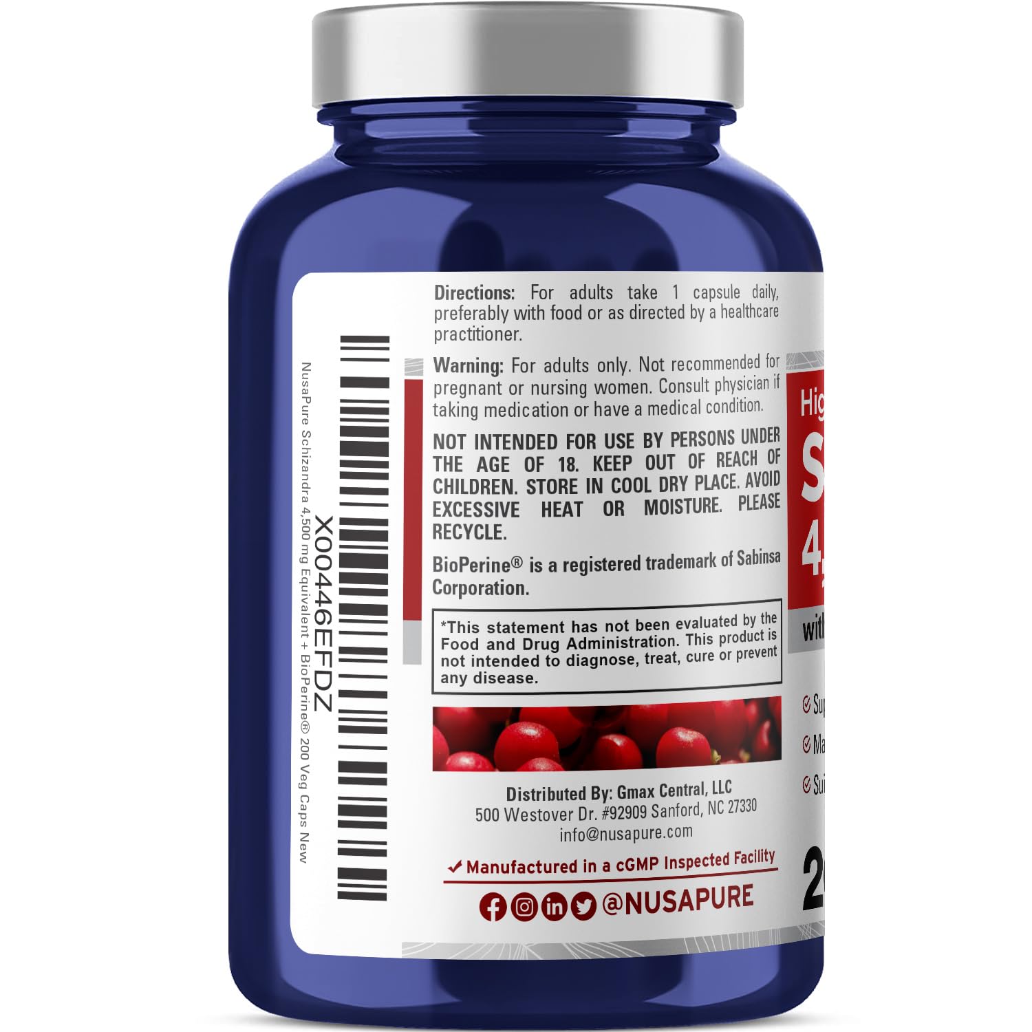 NusaPure Schizandra Berries 20:1 Extract, 225 mg Equivalent to 4500mg, 200 Vegan Capsules (Non-GMO, Bioperine) NusaPureAu supplements