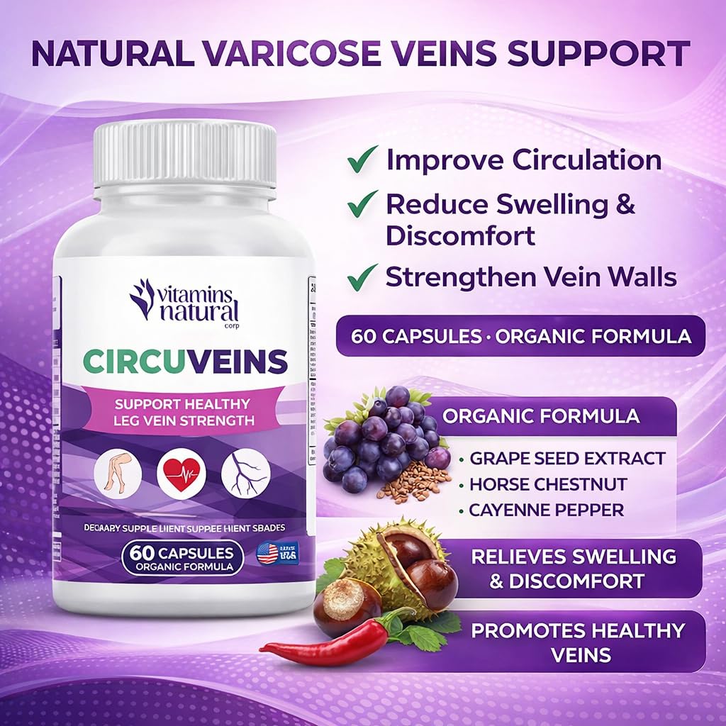 VITAMINS NATURAL CORP. CircuVeins Varicose Veins Support for Legs Capsules – Organic Vein Health Supplement with Horse Chestnut Grape Extract and Cayenne Pepper – 60 Capsules VITAMINS NATURAL CORPAu supplements