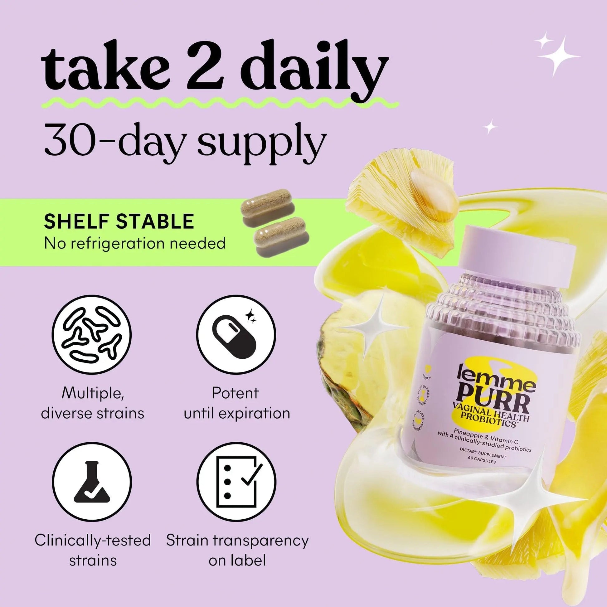 Lemme Purr Vaginal Probiotics for Women - Promotes pH Balance, Healthy Vaginal Odor & Urinary Tract Health w/Lactobacillus Blend, Clinically Tested Strains, Pineapple & Vitamin C - 60 Veggie Capsules LemmeAu supplements