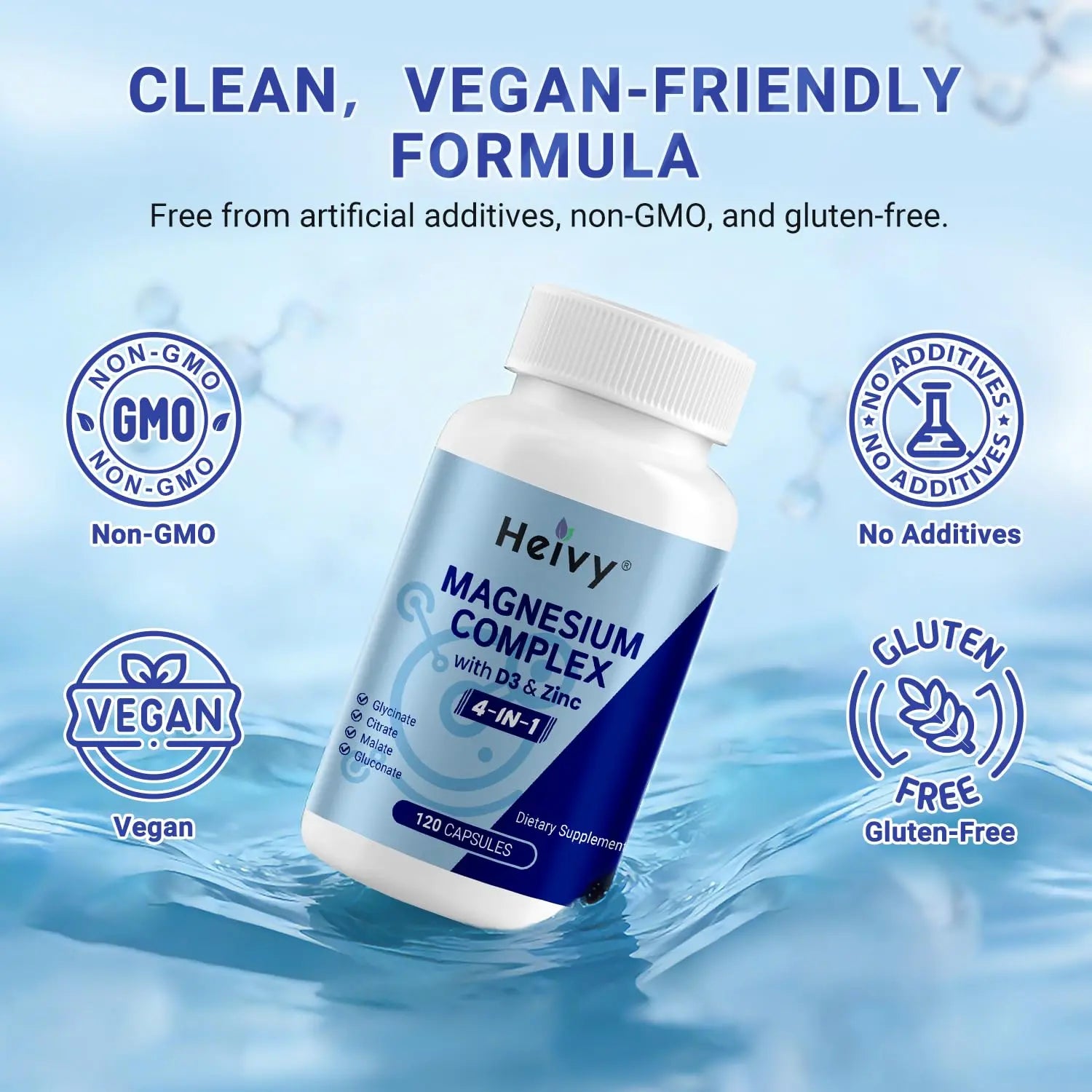 Heivy 4 in 1 Magnesium Complex with Zinc & Vitamin D3, 320mg Elemental Magnesium (Glycinate/Citrate/Gluconate/Malate), 120 Capsules (4 Months Supply), Vegan, Non-GMO, Gluten-Free, 3rd Party Tested Heivynz supplements