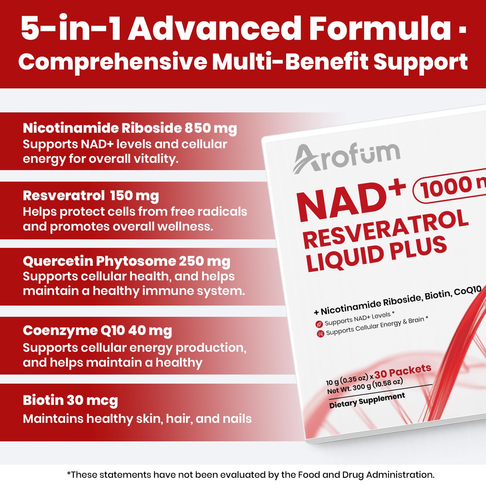 Arofum NAD+ Liquid Supplement 1000mg | 850mg Nicotinamide Riboside with Resveratrol, Quercetin, CoQ10 & Biotin | Cellular Energy, DNA Repair, Healthy Aging | NAD Supplements for Women & Men 30 Packets ArofumAu supplements