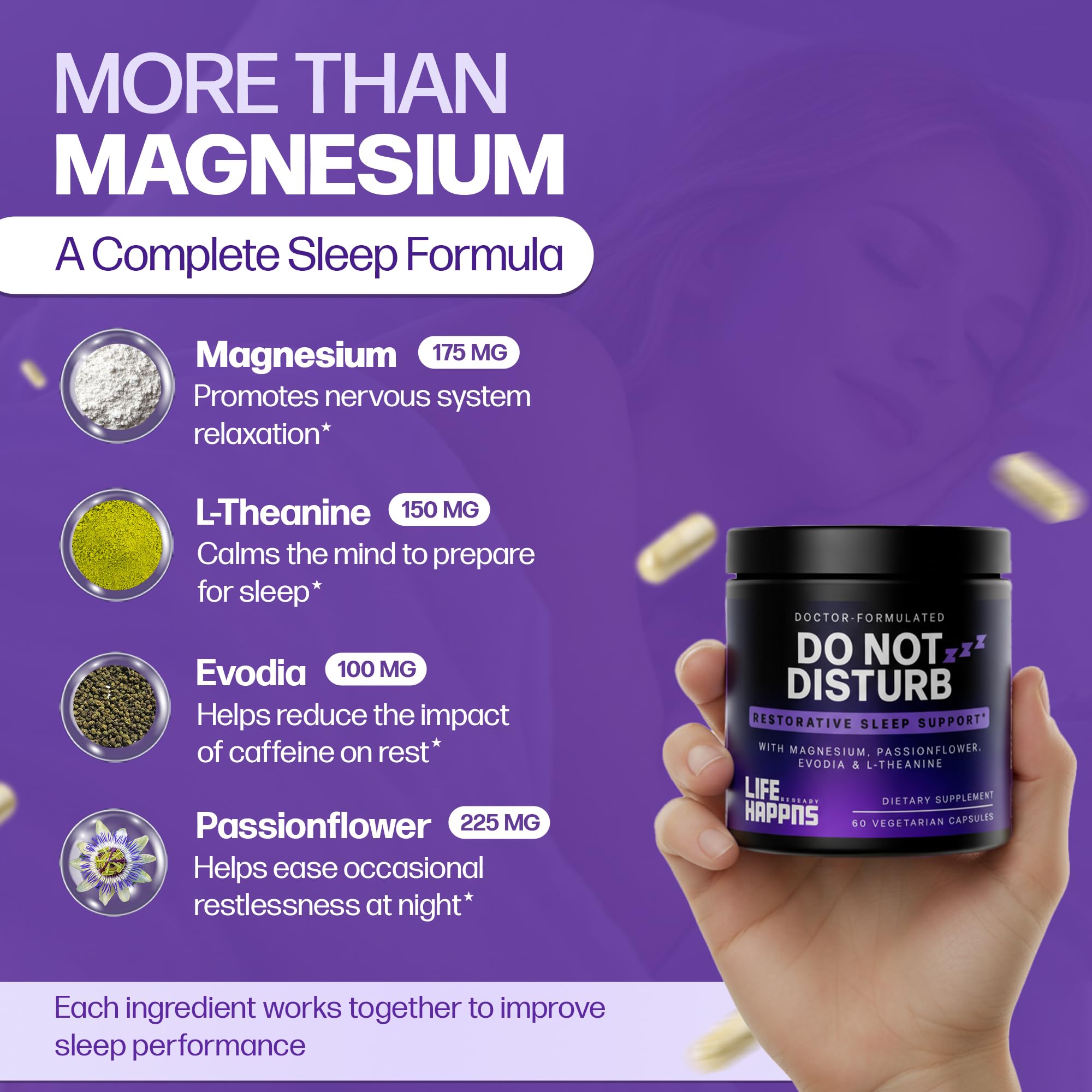 Doctor Formulated Triple Magnesium for Sleep, Calm & Relaxation with Chelated Magnesium Glycinate, L-Theanine, Passionflower & Evodia – Non-Habit, No Melatonin Magnesium Sleep Aid Support Supplement LIFE HAPPNS BE READYAu supplements