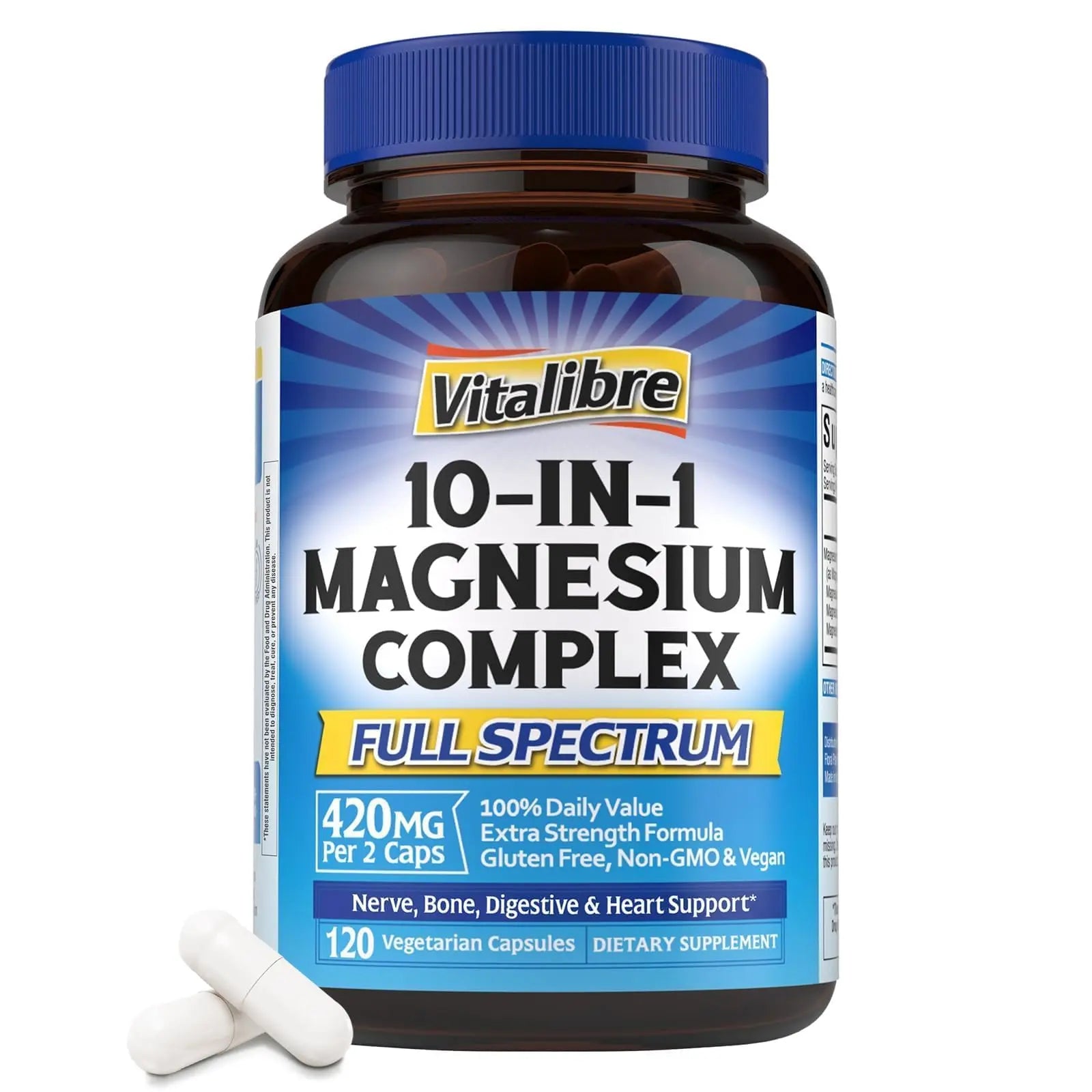 Vitalibre 10 in 1 Magnesium Complex, 420mg Elemental Magnesium | Ultra Strength, Max Absorption | Chelated Magnesium Supplement for Nerves, Bone & Heart Health | Non-GMO, 120 Vegan Capsules VitalibreAu supplements
