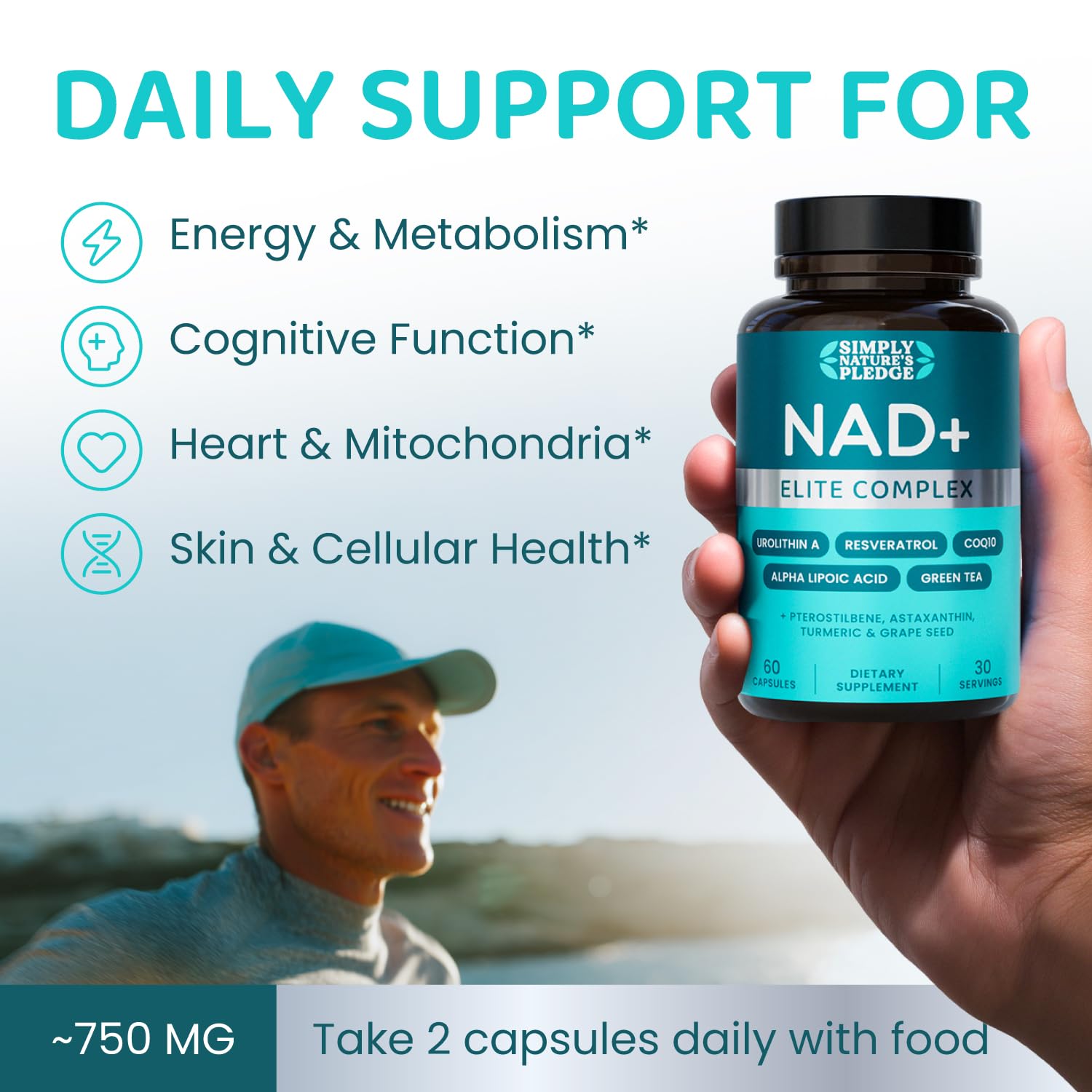NAD+ Elite Complex – Direct NAD+ 300 mg with Urolithin A, Resveratrol, CoQ10 & Antioxidant Blend – Cellular Energy, Mitochondrial Support & Healthy Aging – Vegan, Non-GMO, 60 Capsules (30 Servings) Simply Nature's PledgeAu supplements
