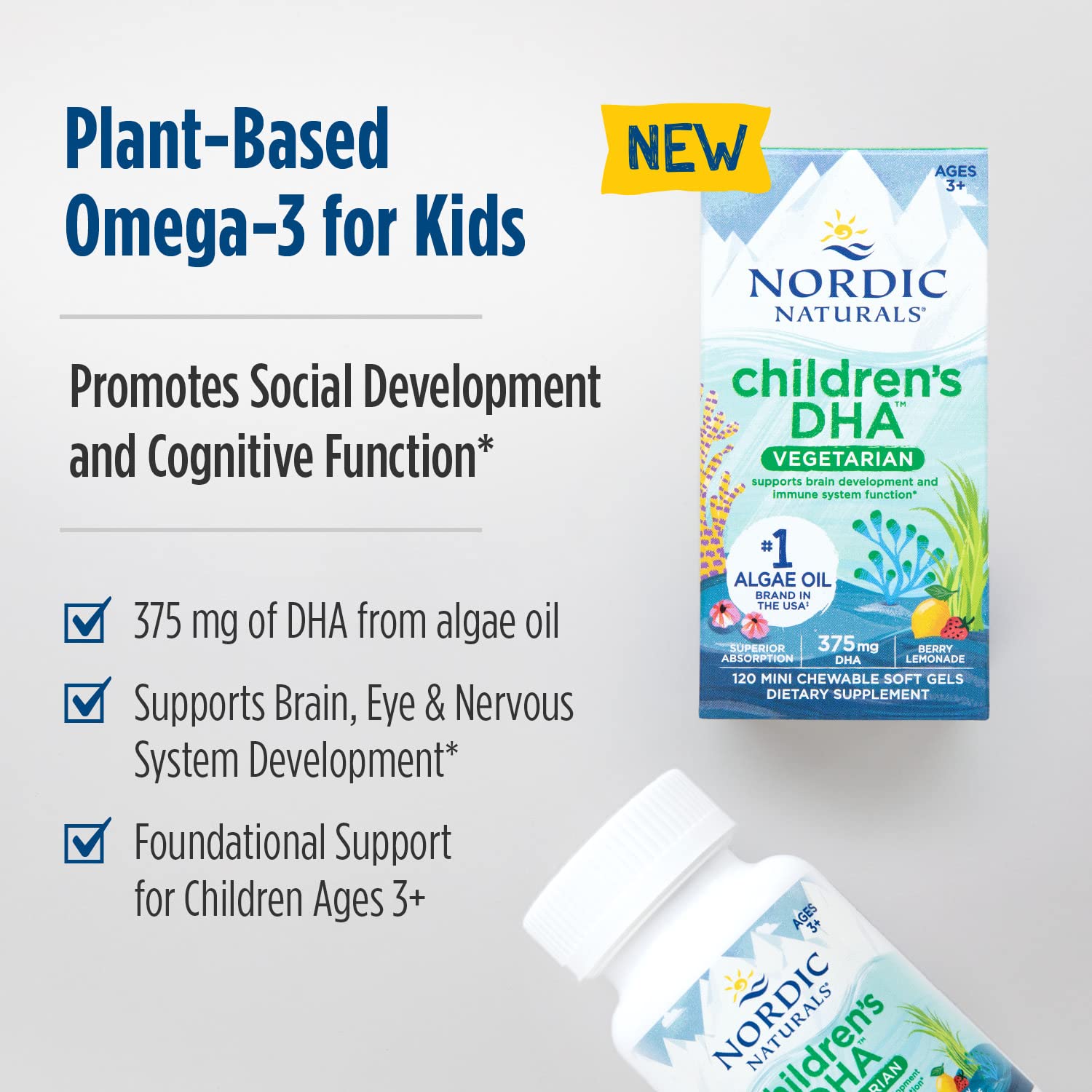 Nordic Naturals Children's DHA Vegetarian - Kids DHA Omega-3 Supplement -Algae Oil - Berry Lemonade Mini Chewables - Plant-Based Formula for Ages 3+ - 120 Soft Gels - 40 Servings Nordic NaturalsAu supplements