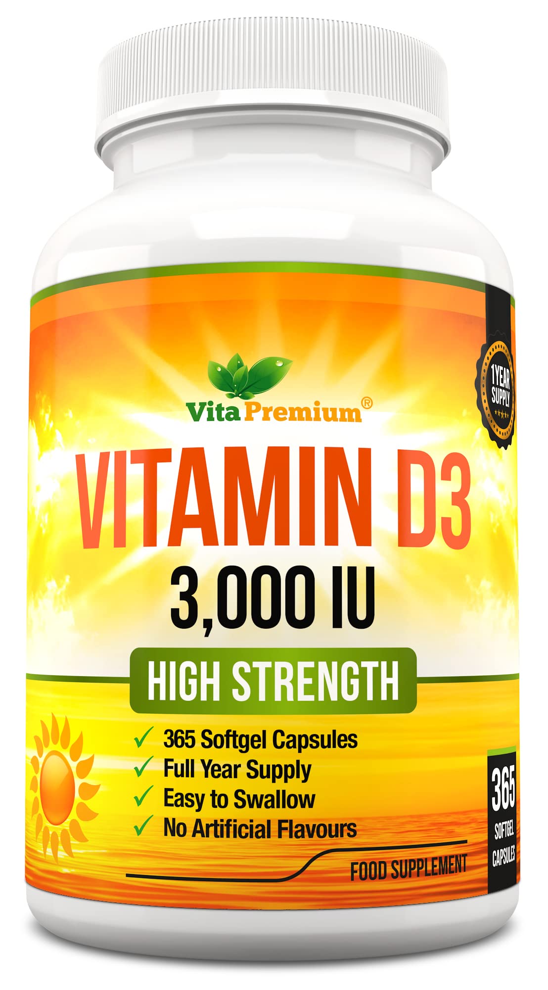 Vitamin D 3,000 IU, High Strength Vitamin D3 Supplement, 365 Easy to Swallow Softgels Vita PremiumUS supplements