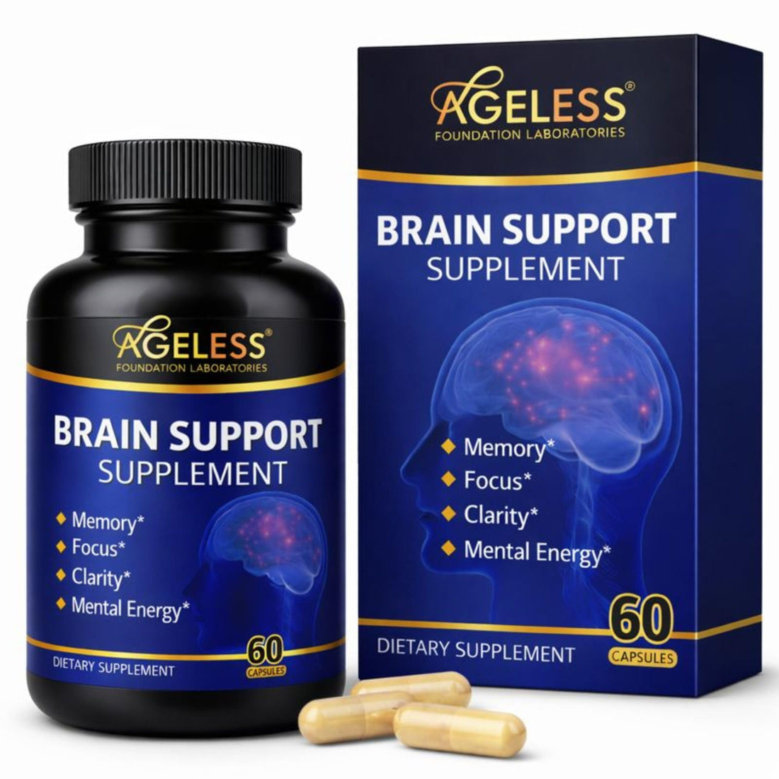 Ageless Brain Supplements for Memory and Focus 1000 MG | Cognitive Improvement | Formulated with Clinically Studied Ingredients | Support Mental Clarity & Neuro Health | Vitamin B6, B12, 60 Capsules Ageless Foundation LaboratoriesAu supplements