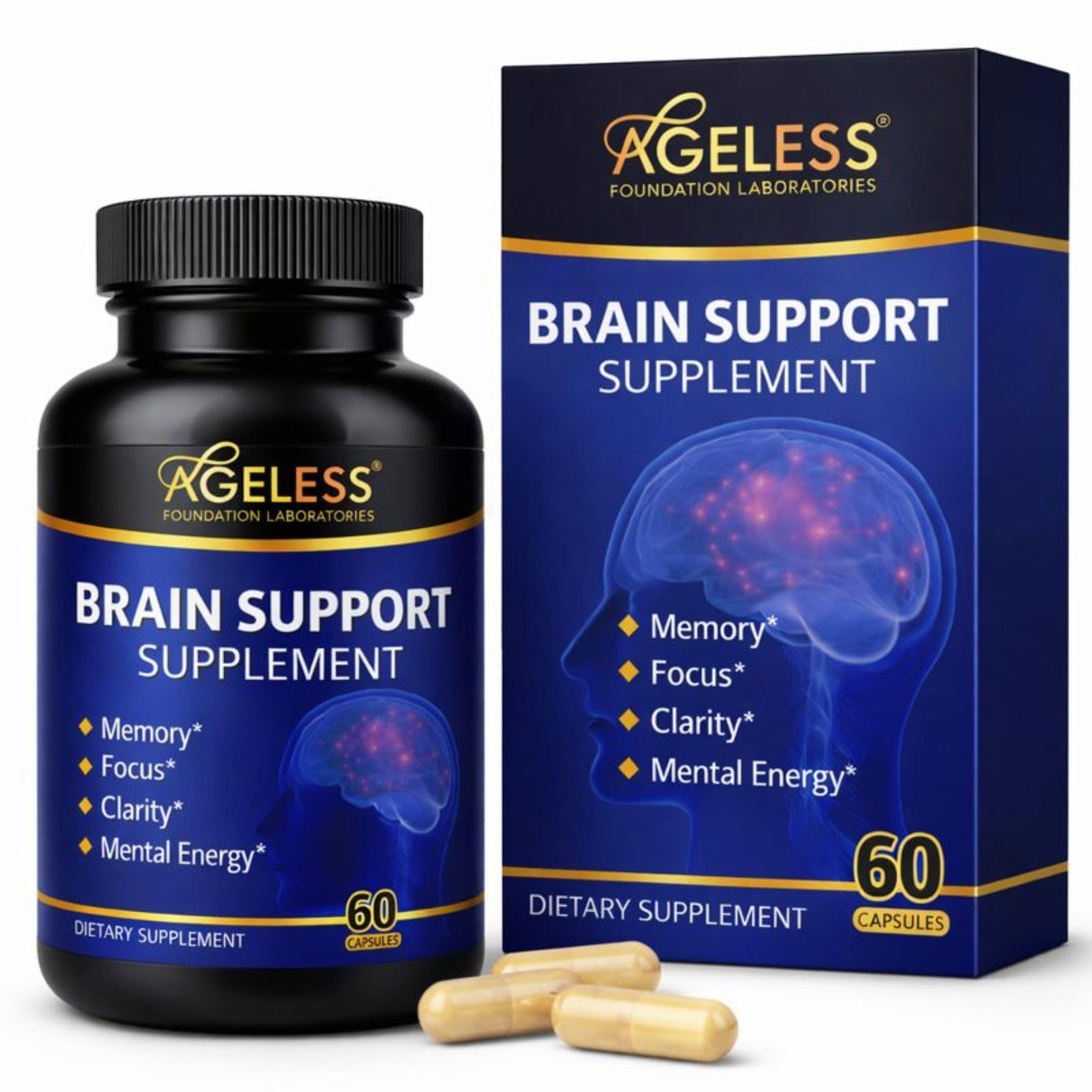 Ageless Brain Supplements for Memory and Focus 1000 MG | Cognitive Improvement | Formulated with Clinically Studied Ingredients | Support Mental Clarity & Neuro Health | Vitamin B6, B12, 60 Capsules Ageless Foundation LaboratoriesAu supplements