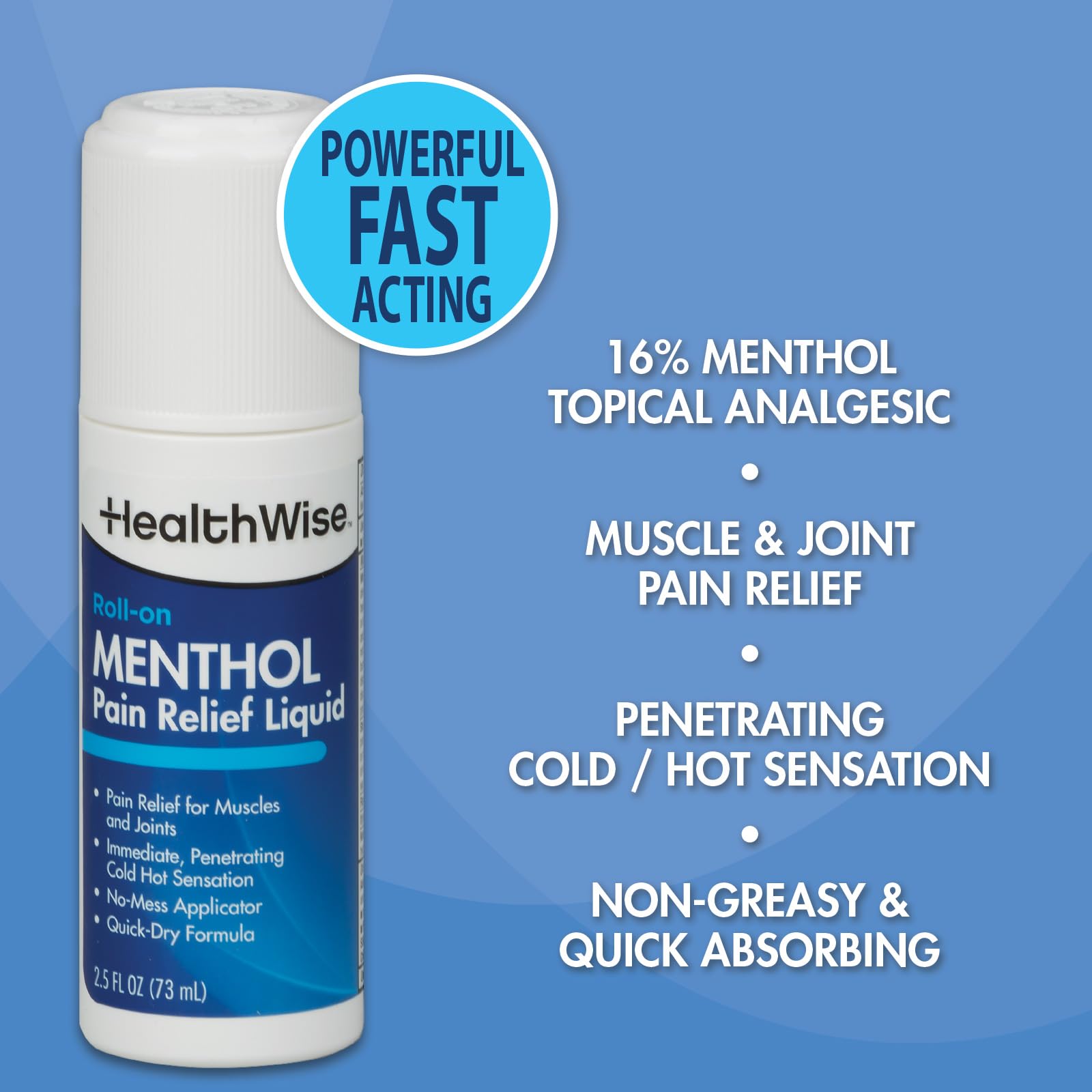 HealthWise 16% Menthol Roll-On | Cold Hot Sensation | Pain Relief Liquid | 2.5 oz. 73 mL | Non-Greasy Formula | Immediate Penetrating Action | Topical Analgesic HealthWiseAu supplements
