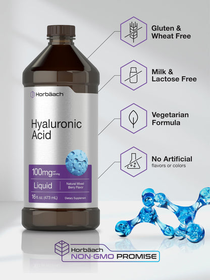 Liquid Hyaluronic Acid Supplement | 100 mg | 16 oz | Mixed Berry Flavor | Non-GMO HorbäachUS supplements