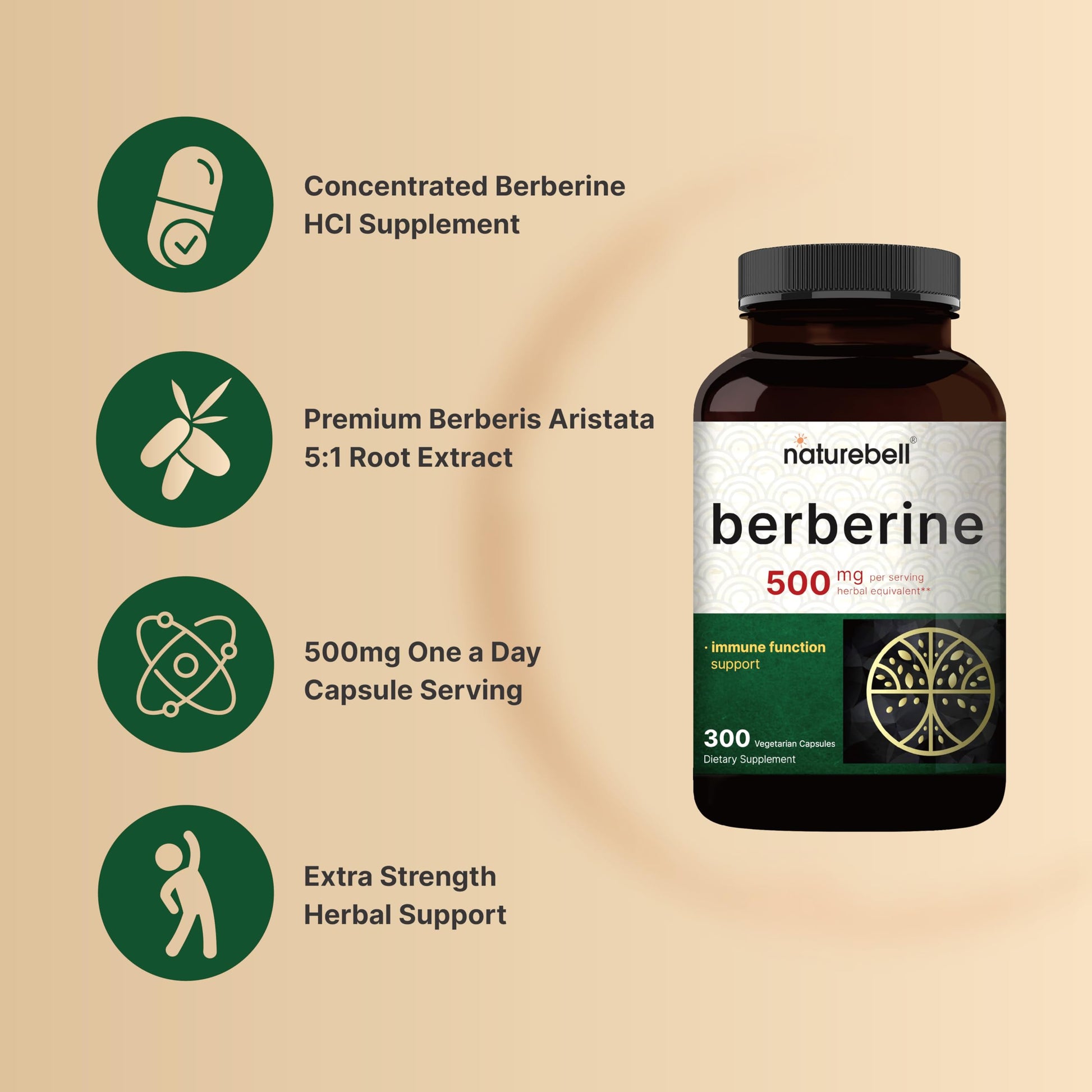 Berberine Supplement 500mg | 300 Veggie Capsules, 97% Pure Berberine HCL – 5:1 Root NatureBellAu supplements
