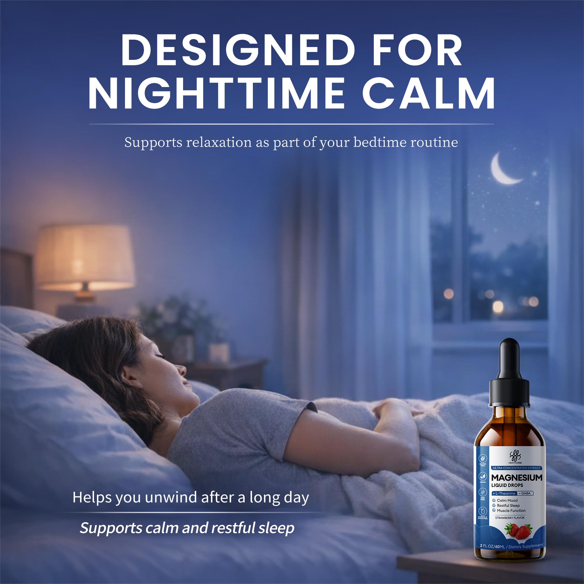 Liquid Magnesium Glycinate Drops for Nighttime Sleep & Calm Support, Triple Chelated Magnesium Complex with L-Theanine & GABA, Pre-Dissolved Liquid for Gentle Absorption, Strawberry Flavor, 2 Fl Oz iMATCHMEAu supplements