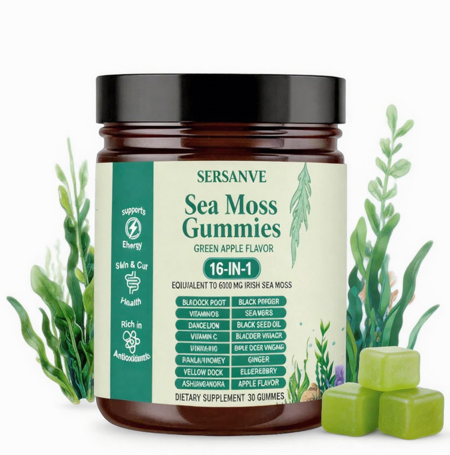 Sea Moss Gummies 16-in-1, with Black Seed Oil, Ashwagandha & Elderberry | Organic Irish Sea Moss Supplement for Men & Women | Daily Support with Manuka, Burdock Root & Vitamins C & D3, 30 Gummies SERSANVEAu supplements
