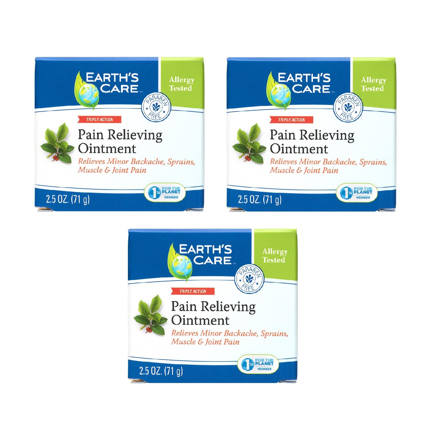 Earth's Care Pain Relieving Ointment - Triple Action Muscle and Joint Pain Relief Cream - Topical Analgesic 2.5 oz (3 Jars) Earth's CareAu supplements