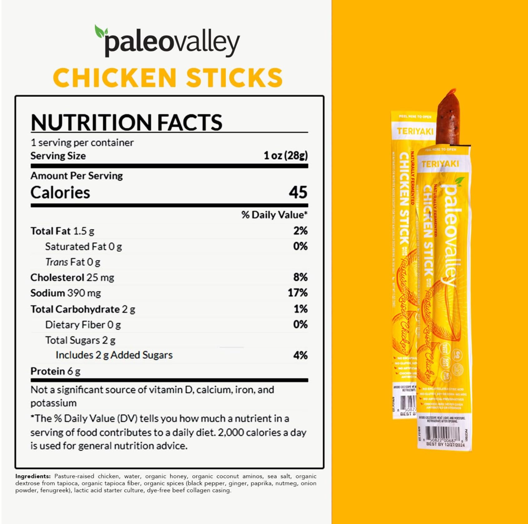 Paleovalley Pasture-Raised Chicken Sticks – 10 Pack – 7g Protein per Stick – Keto-Friendly, Paleo, Gluten-Free, Nitrate-Free – On-the-Go Snack (10 Pack, Teriyaki) PaleovalleyUS supplements