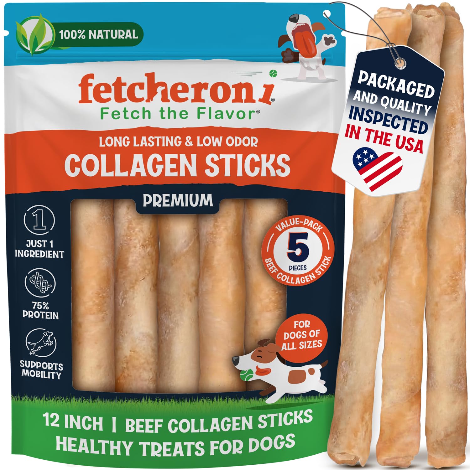 FETCHERONI 12" Collagen Sticks for Dogs – Low Odor Long-Lasting Bully Stick & Rawhide Alternative, Single Ingredient Beef Bone, High Protein Dental Treat, Vet Approved, Improves Joint Health – 5 Pack FETCHERONIAu supplements