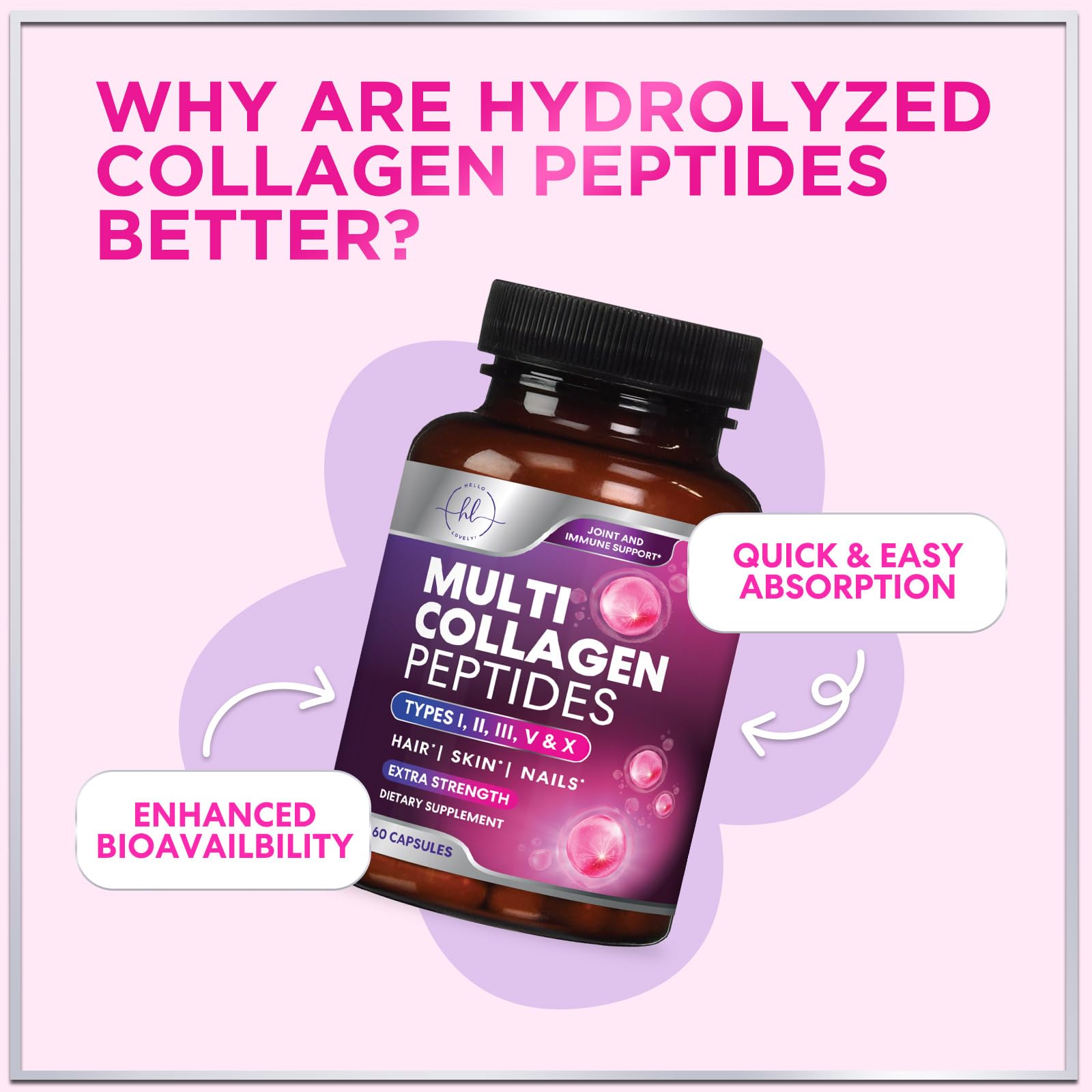 Multi Collagen Supplement 2400 mg - Types I, II, III, V & X Multi Collagen Peptides Pills for Women & Men, Hydrolyzed Collagen Supplements, Hair, Skin, Nail, & Joint Support Supplement, 60 Capsules Hello Lovely!Au supplements