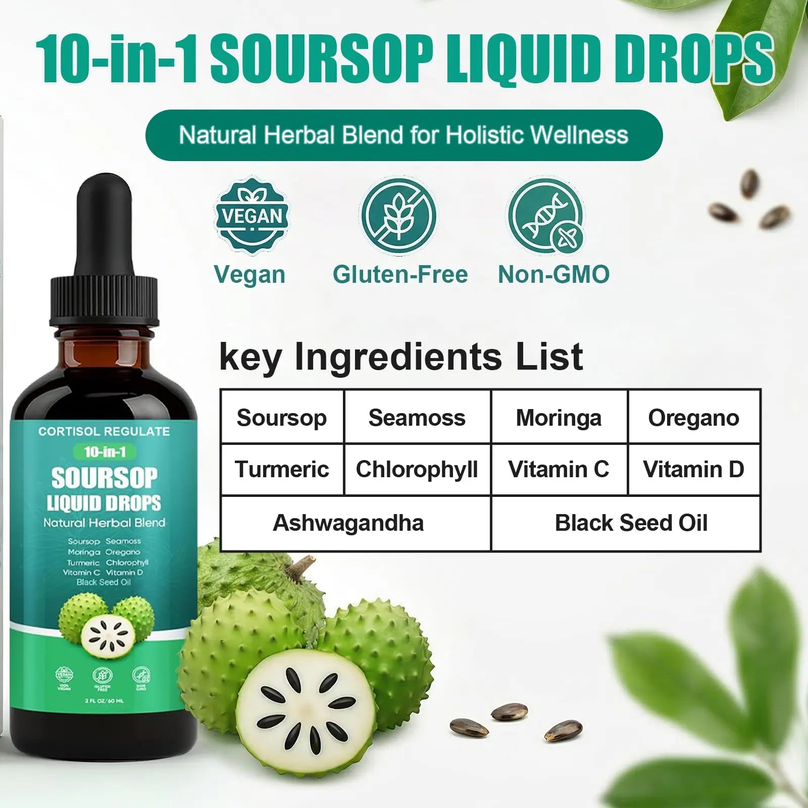 CORTISOL REGULATE Soursop Liquid Drops, 10-in-1 Blend with Sea Moss, Moringa, Turmeric, Black Seed Oil, Oregano, and More, 2 fl oz (1 Pack) CORTISOL REGULATEAu supplements