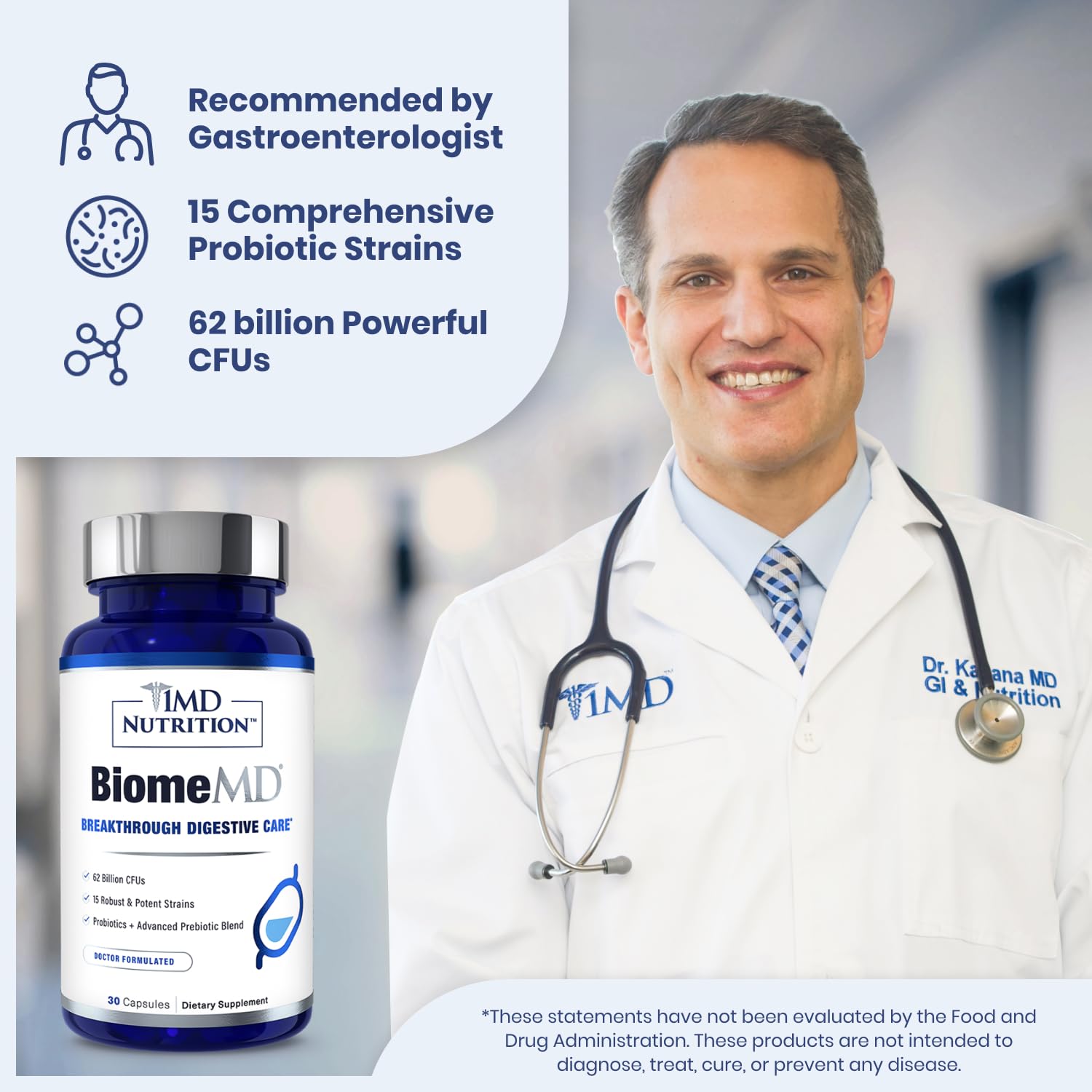 1MD Nutrition BiomeMD Probiotics | 62 Billion CFUs, 15 Comprehensive Strains - Pro & Prebiotics | Doctor-Formulated for Digestive Health & Immune Support | 30 Capsules 1MD NutritionAu supplements