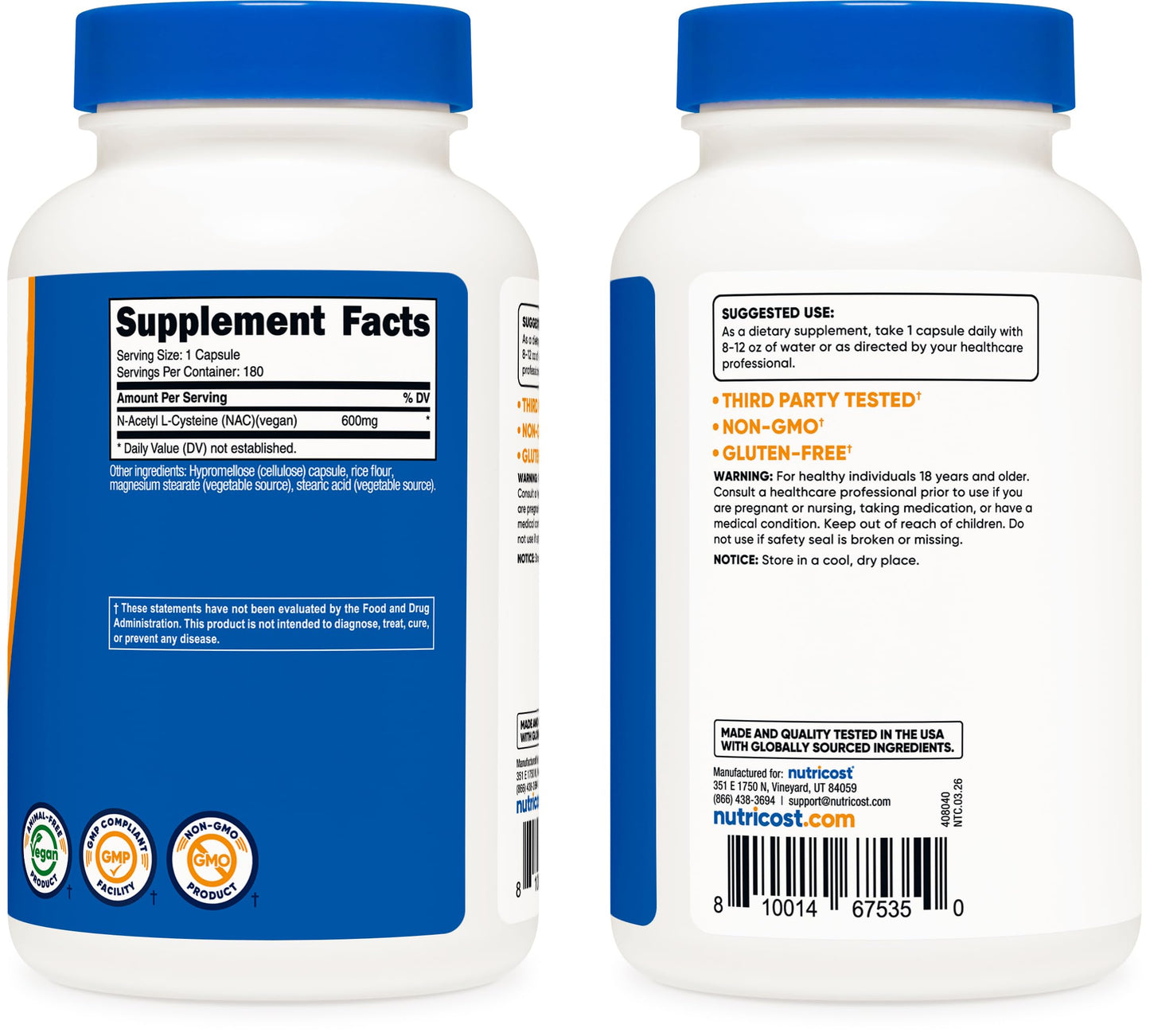Nutricost N-Acetyl L-Cysteine (NAC) 600mg, 180 Capsules - Non-GMO, Gluten Free NutricostUS supplements