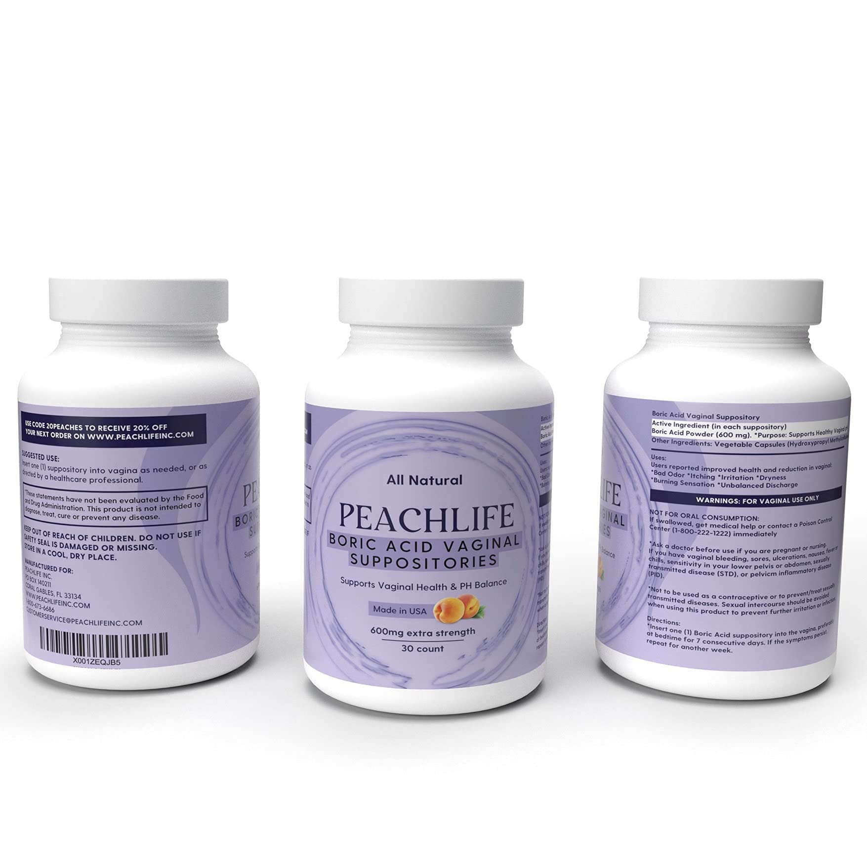 Peachlife Boric Acid Suppositories in Vegetable Capsules - USA Made - Vaginal pH PeachlifeUS supplements