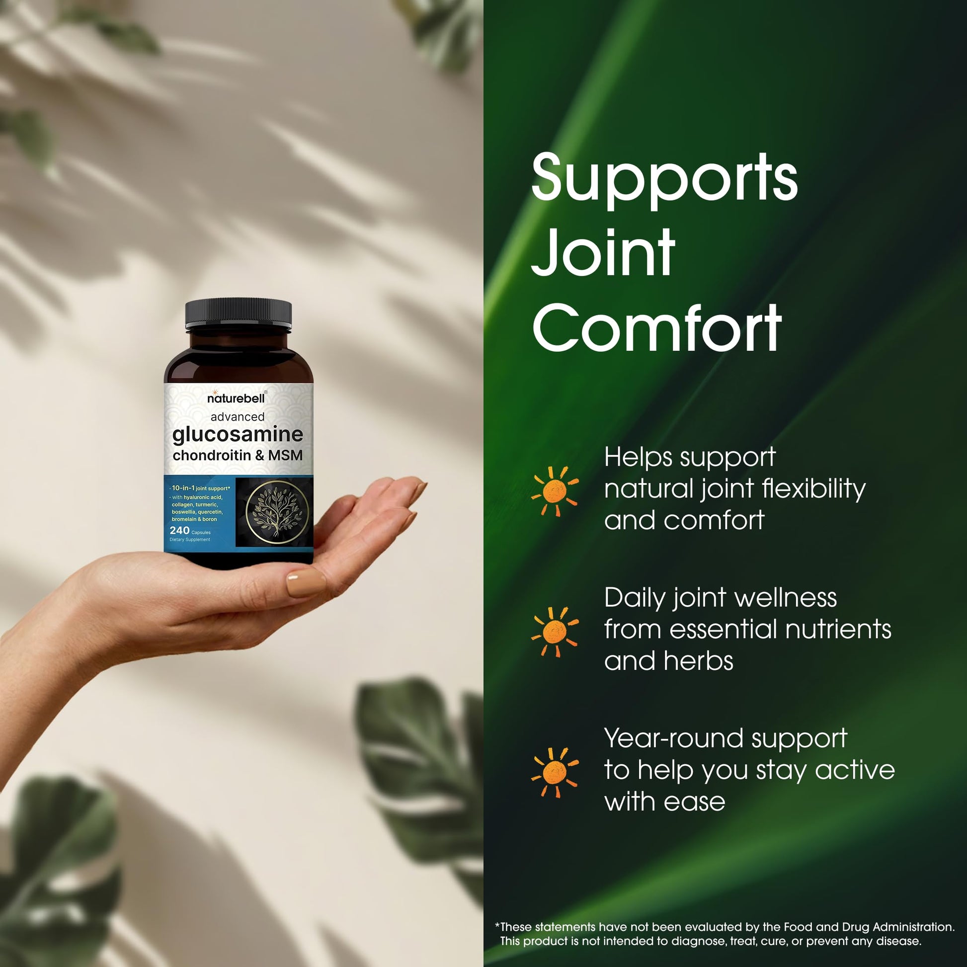 NatureBell Advanced Glucosamine Chondroitin & MSM - 240 Capsules - 10-in-1 Joint Support Complex* - Includes Hyaluronic Acid, Turmeric, Glucosamine, Collagen & More NatureBellAu supplements