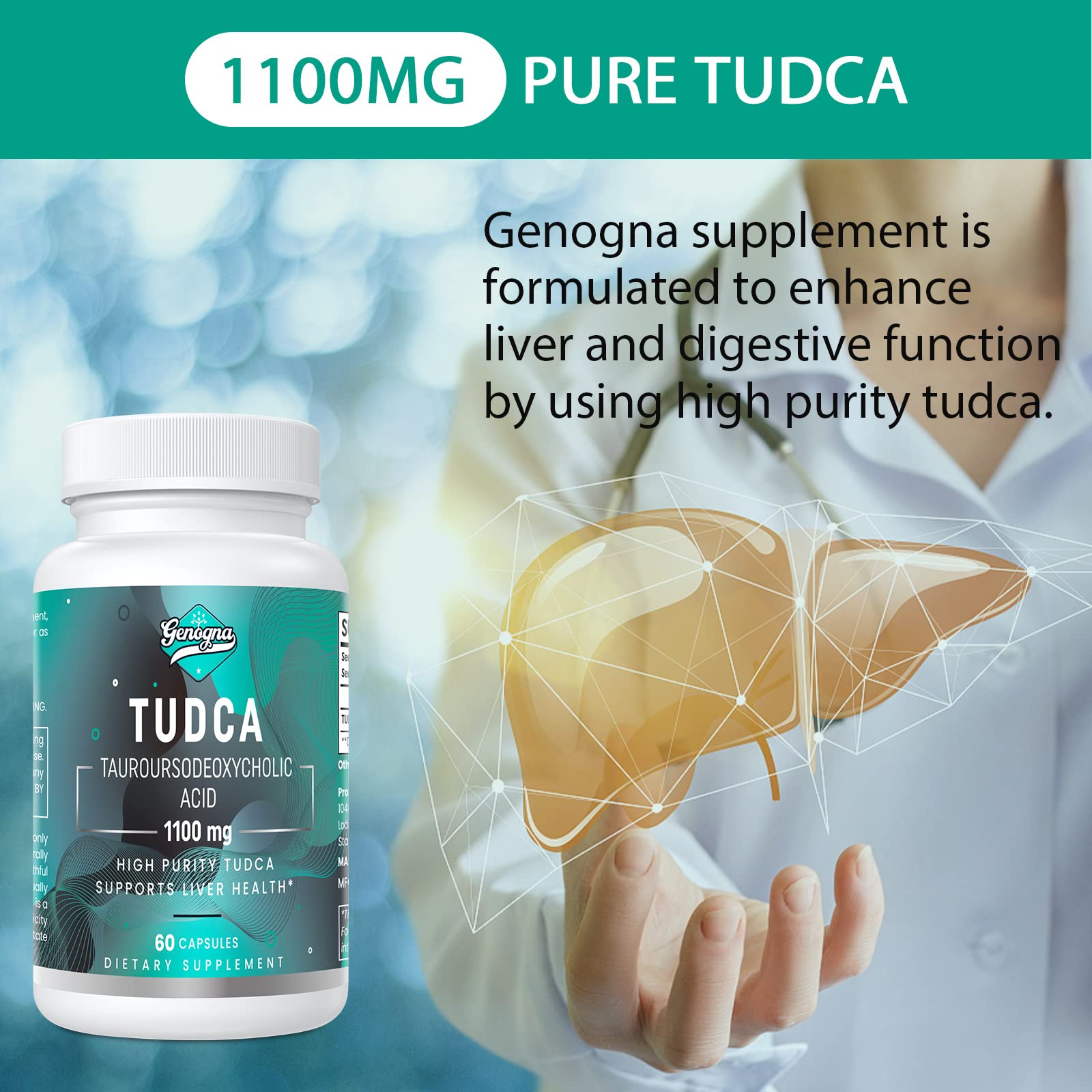 Genogna TUDCA 1100mg-Liver Support Supplement for Detox Cleanse, Water-Soluble Bile GenognaUS supplements