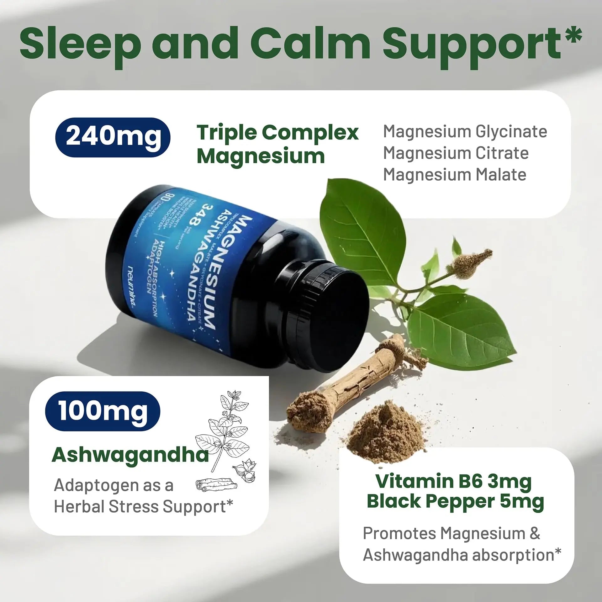 Magnesium Ashwagandha Complex | High-Absorption Multi Magnesium Supports Stress Relief, Sleep, Muscle & Heart Health | Vegan, Non-GMO, Gluten-Free, Made in USA, 90 Capsules((45-Day Supply) NEUMINAnz supplements