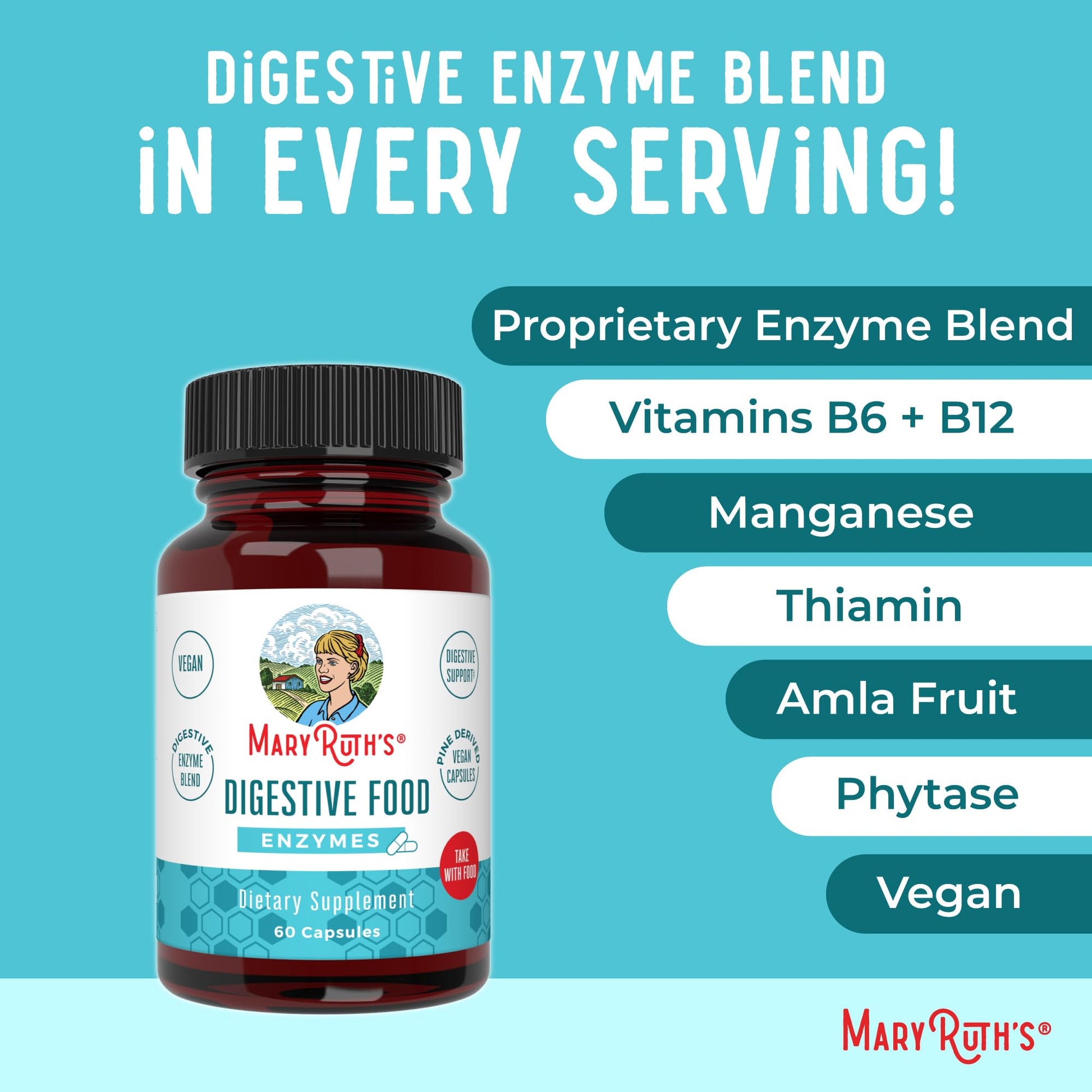 MaryRuth Organics Digestive Enzymes | Up to 2 Month Supply | Vegan Digestive Health Aid and Gut Health Enzyme Complex | Over 12 Enzymes | Vitamins B6 & B12 MARYRUTH'SUS supplements