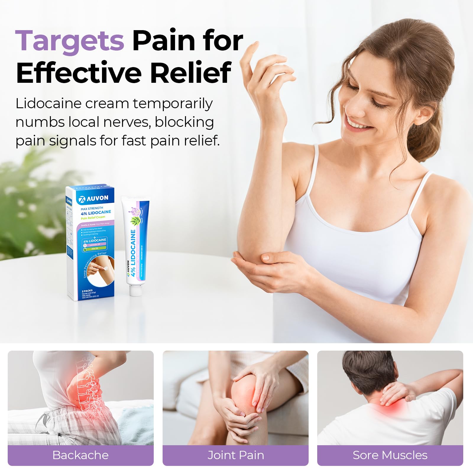 AUVON Max Strength Lidocaine Pain Relief Cream with Lavender & Aloe Vera, Numbing Cream for Minor Arthritis Pain, Soothing Muscle for Neck, Shoulder, Hip, Knee, Joint and Back Pain, 2 Oz, 2 Packs AUVONAu supplements