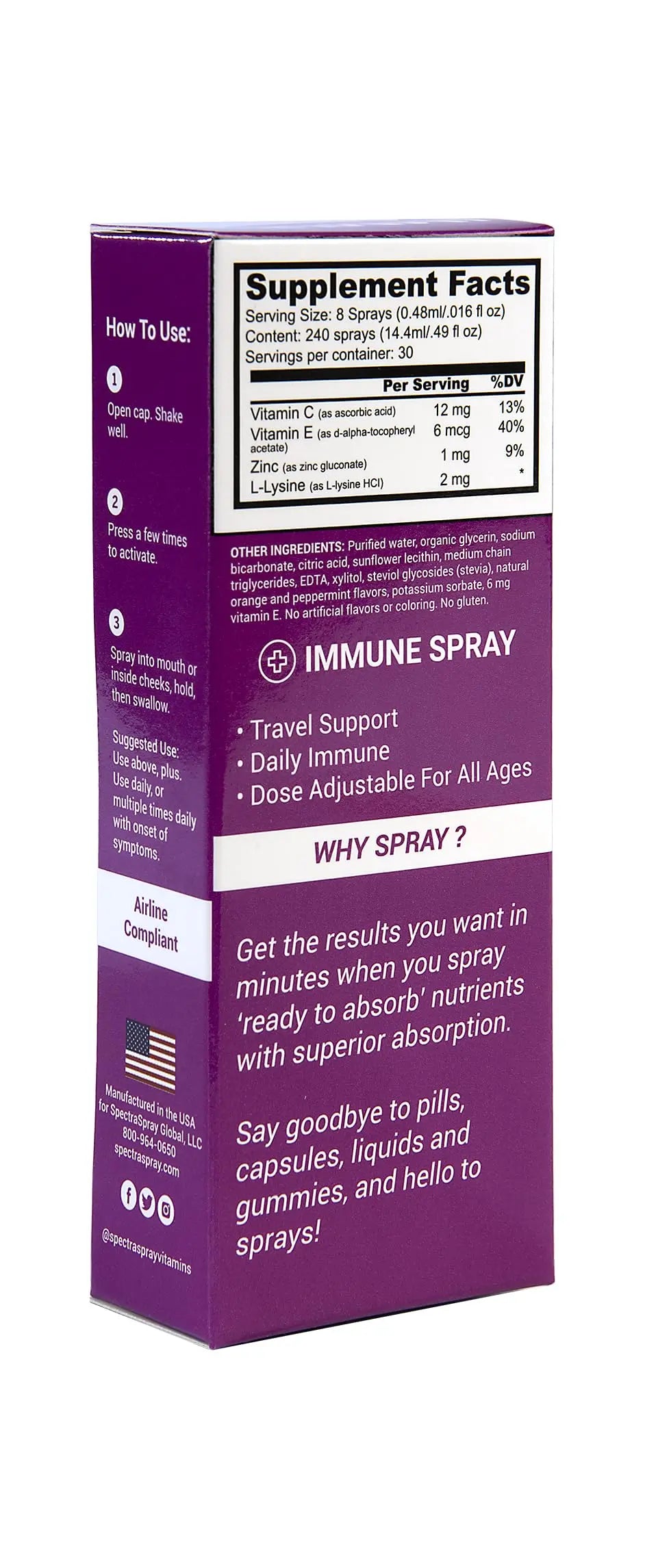 Spectraspray Immune Support Vitamin Spray - Vitamins C, E, Zinc and L-Lysine, 30 Day Supply per Spray Spectraspraynz supplements