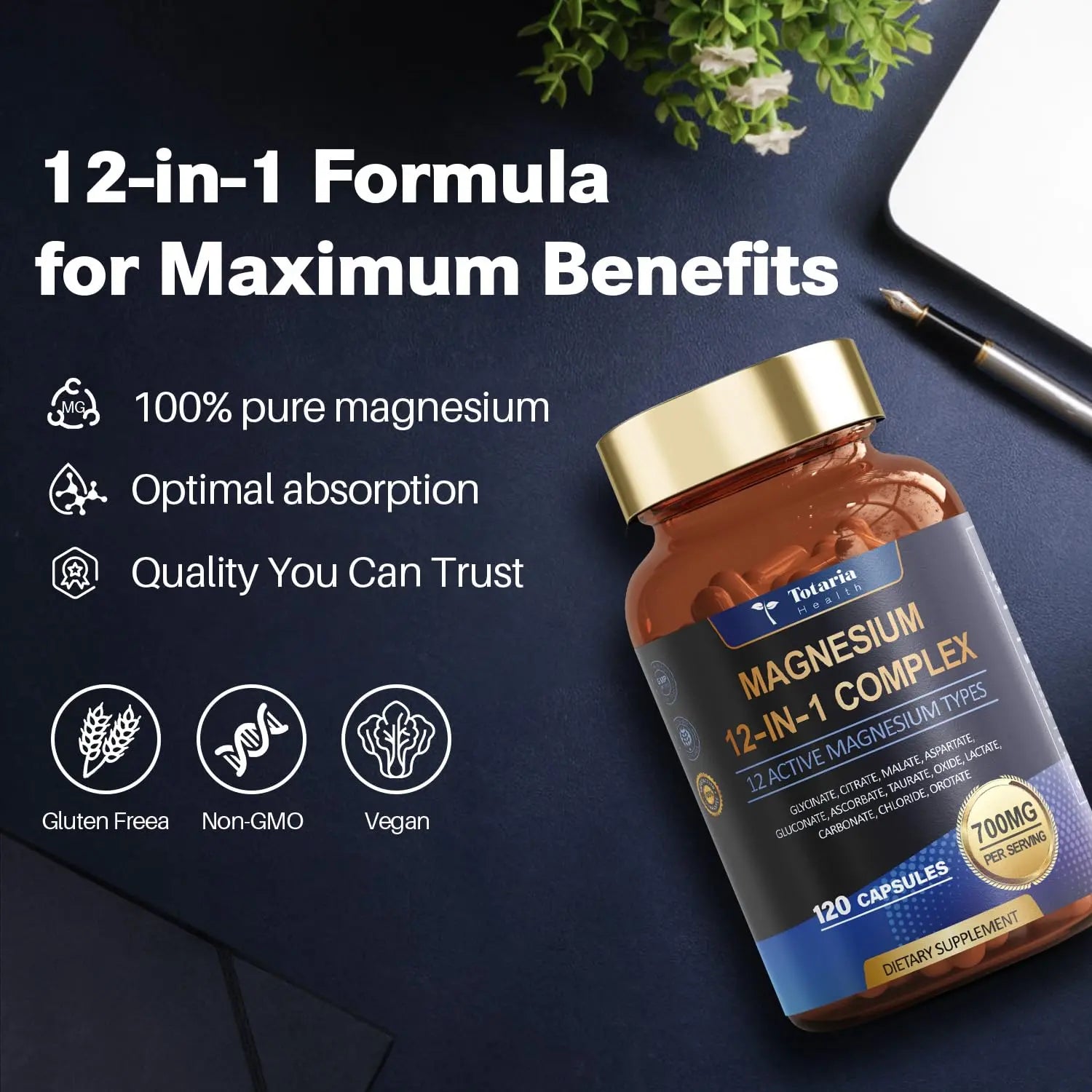 Totaria Magnesium Complex 700mg 12 in 1 Magnesium Supplement with Glycinate Citrate Malate Oxide Taurate Aspartate Orotate Magnesium Relaxation,Muscle,Heart Support, Vegan 120 Capsules Totarianz supplements