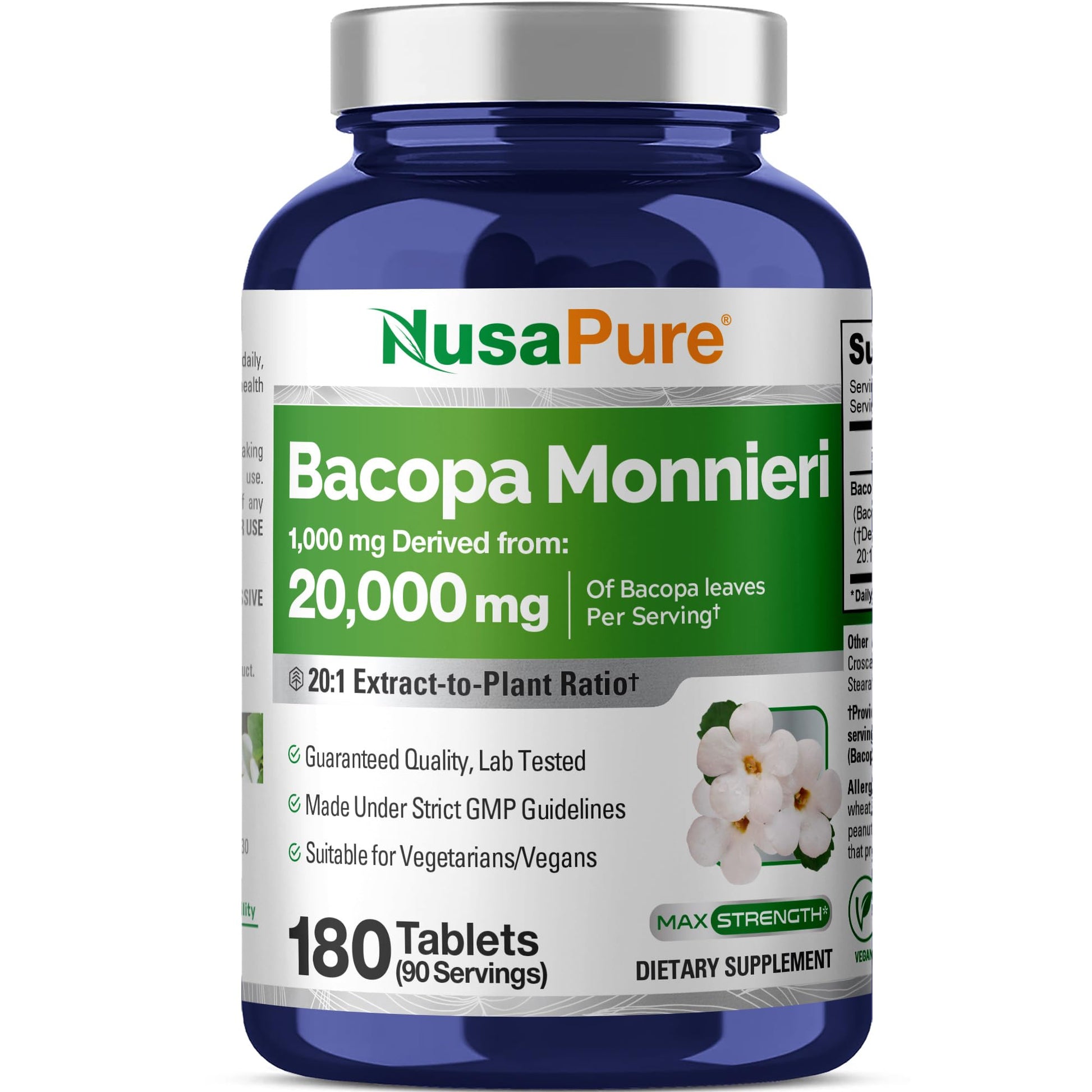 NusaPure Bacopa Leaf Monnieri Extract 20,000 mg 180 Tablets (Extract 20:1, Non-GMO, Gluten Free & Vegan) NusaPureAu supplements