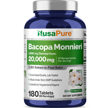 NusaPure Bacopa Leaf Monnieri Extract 20,000 mg 180 Tablets (Extract 20:1, Non-GMO, Gluten Free & Vegan) NusaPureAu supplements