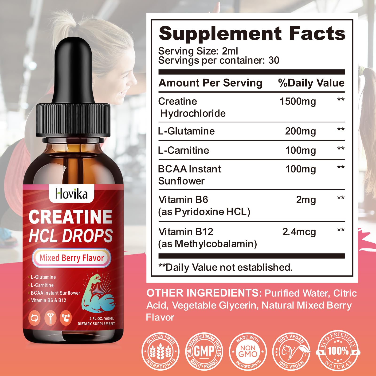 Creatine HCL Liquid Drops for Men & Women, Creatine Hydrochloride with L-Carnitine, L-Glutamine, BCAA, Vitamin B12 & B6 for Muscle Growth & Recovery-Vegan, Mixed Berry Flavor Flavor, 2 Fl Oz HovikaAu supplements