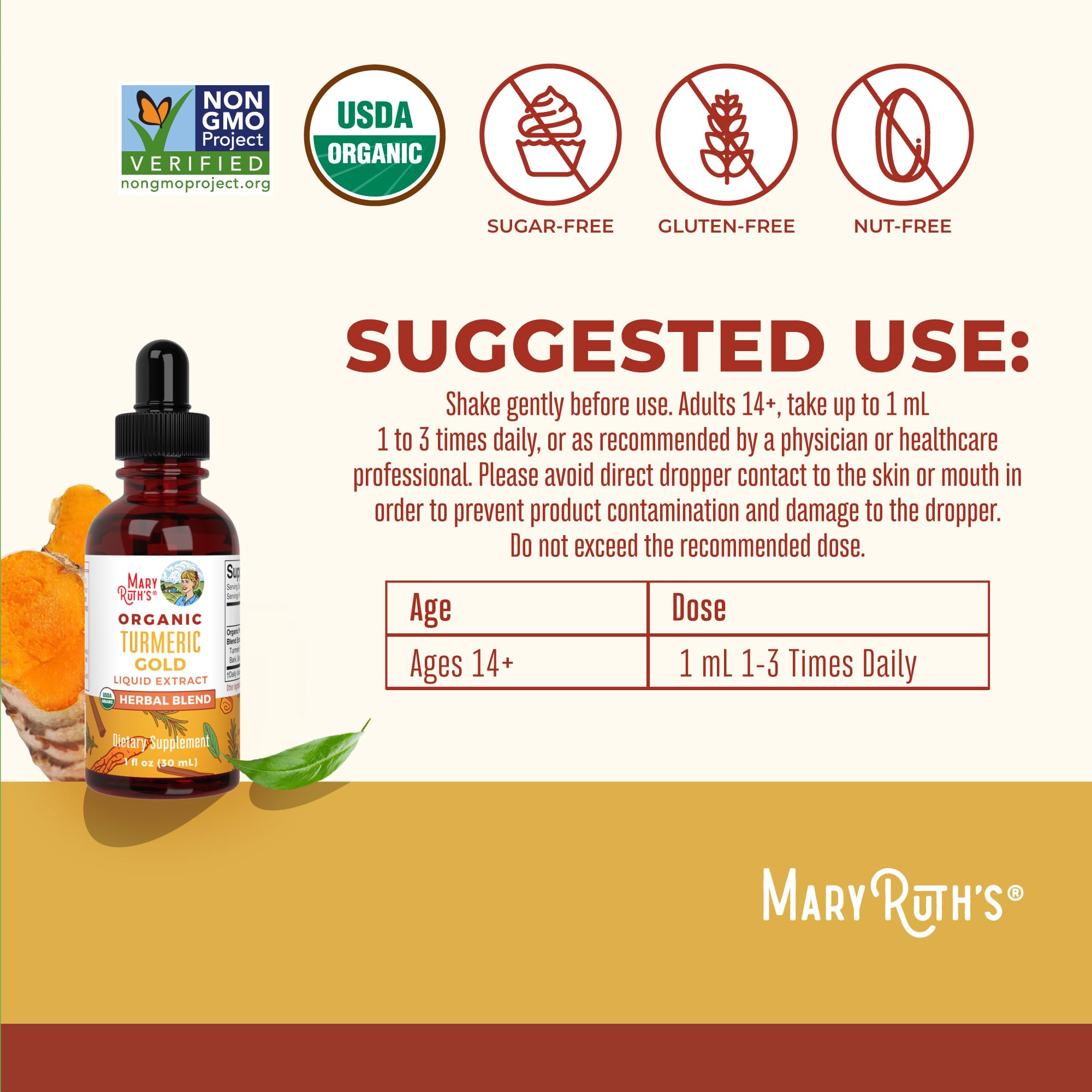 MaryRuth Organics USDA Turmeric Gold Liquid Drops | Herbal Blend | Turmeric Curcumin | Black Pepper | Cassia Cinnamon Bark | Ginger Root | Immune Support | Non-GMO Project Verified | Vegan | 1oz MARYRUTH'SUS supplements