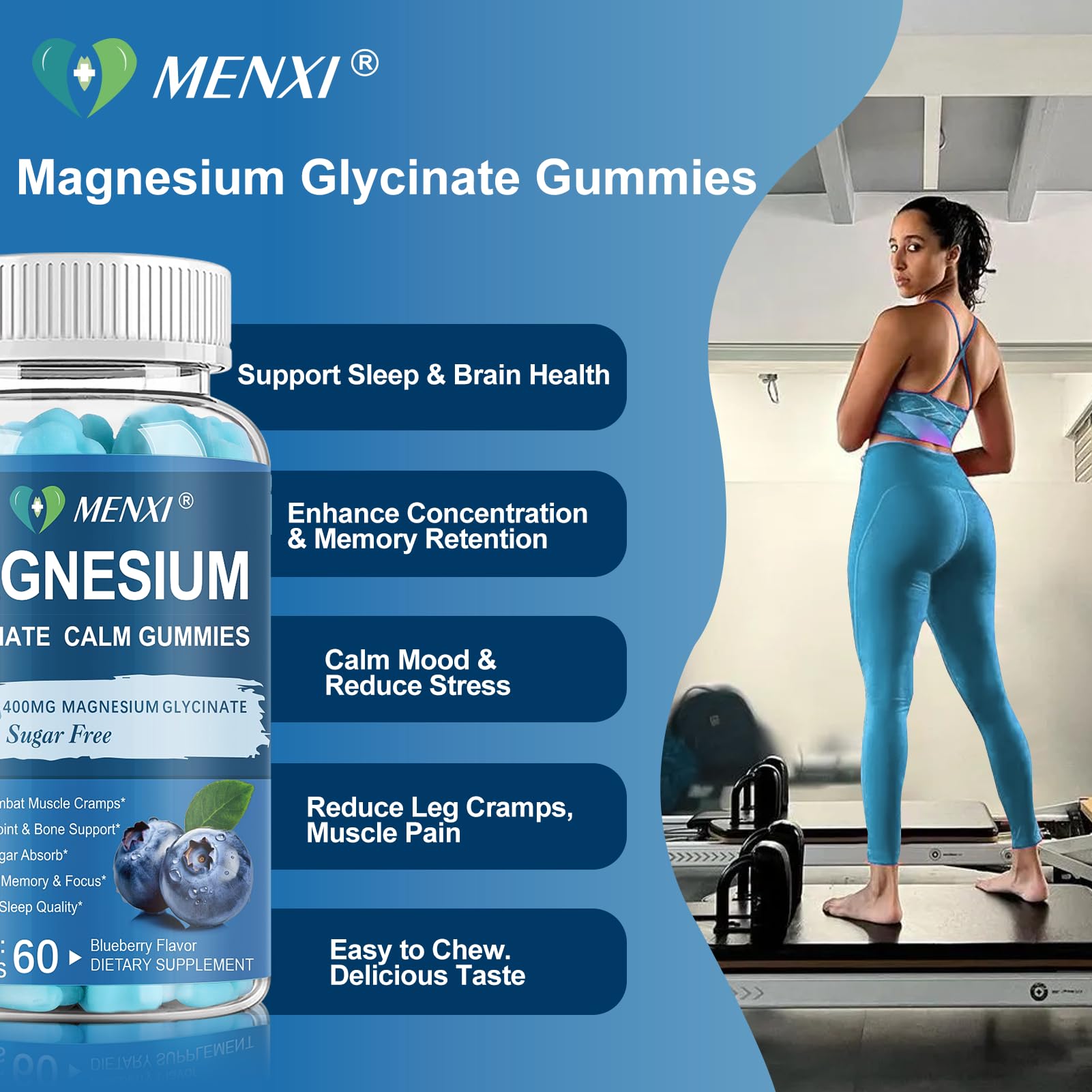 Magnesium Gummies 600mg per Serving-Magnesium Glycinate 400mg and Magnesium Malate 200mg,Sugar Free Magnesium Potassium Supplement for Calm Mood, Muscle, Bone & Sleep Support,60 Blueberry Gummies MENXIAu supplements