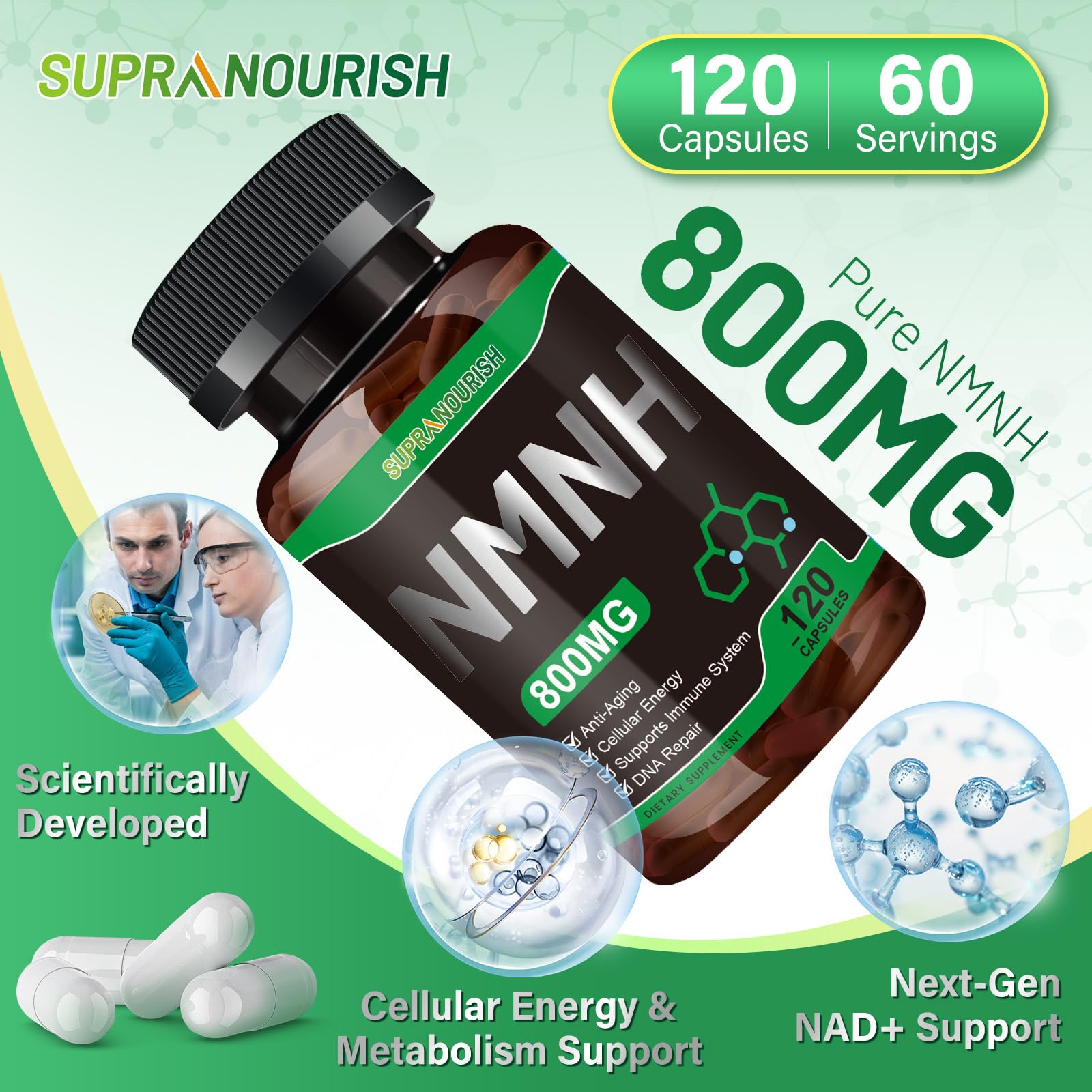 SUPRANOURISH Pure NMNH Supplement 120 Capsules - 800mg High-Purity NMNH Supplements, NAD Supplement for Boost NAD+ for Anti-Aging & Cellular Energy SUPRANOURISHAu supplements