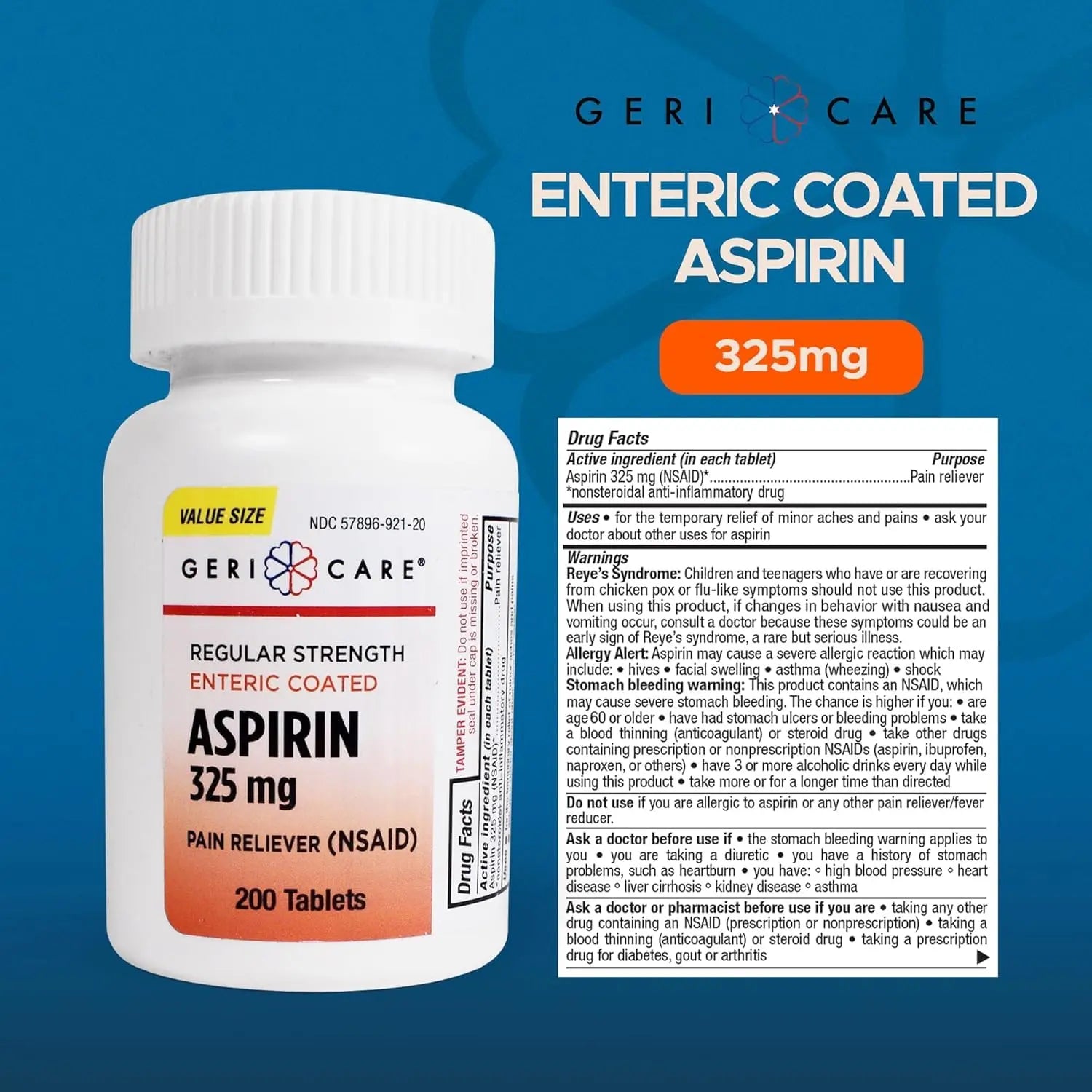 GeriCare Enteric Coated Aspirin Tablets 325mg (200 Count) NSAID Pain Reliever & Fever Reducer for Adults- Regular Strength Aspirin for Headache Arthritis Menstrual & Muscle Pain GeriCareAu supplements