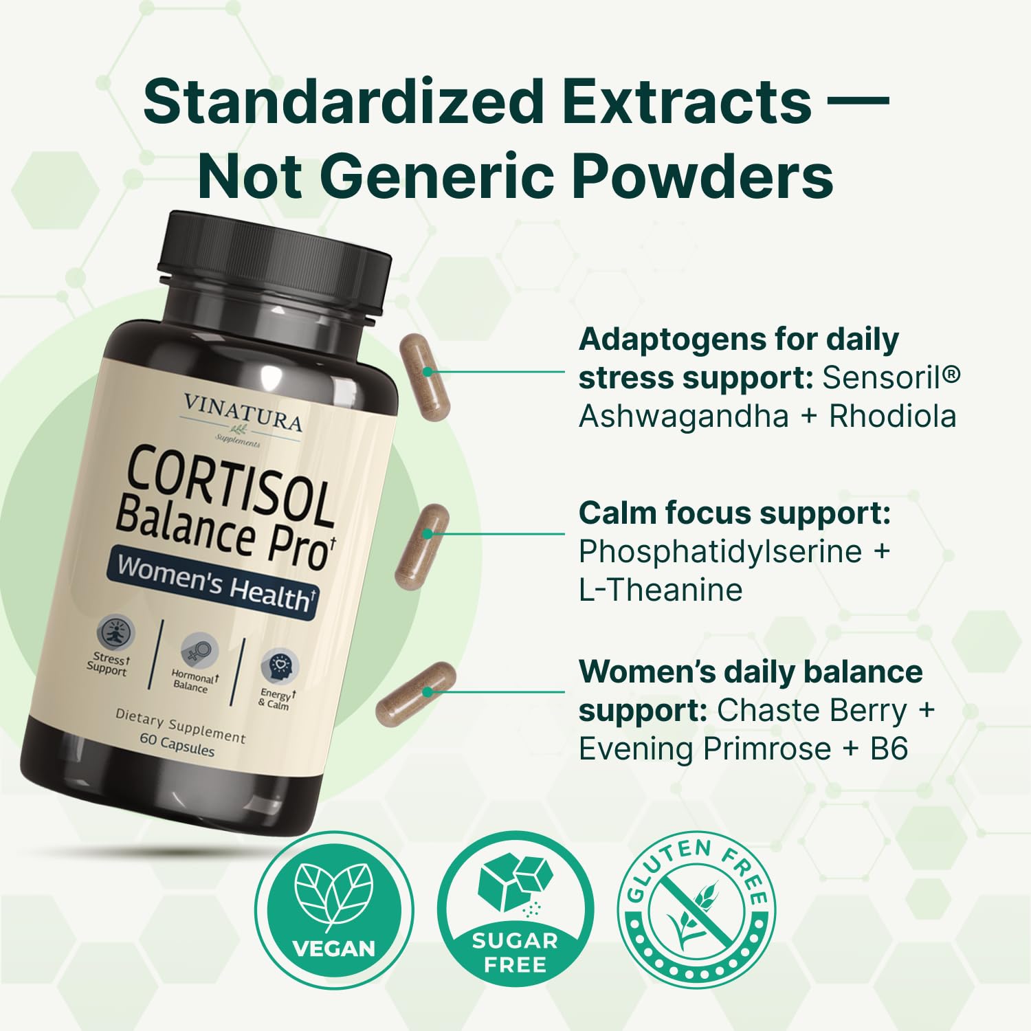 VINATURA Cortisol Supplements for Women - Cortisol Detox and Management - Adrenal Support, Stress Support, 60 Vegan Capsules VINATURAAu supplements