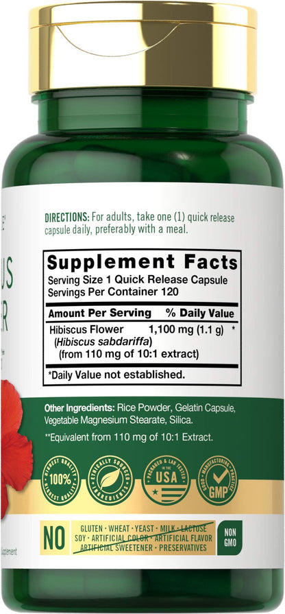 Hibiscus Flower Extract 1100 mg | 120 Capsules | Non-GMO, Gluten Free Supplement CarlyleUS supplements