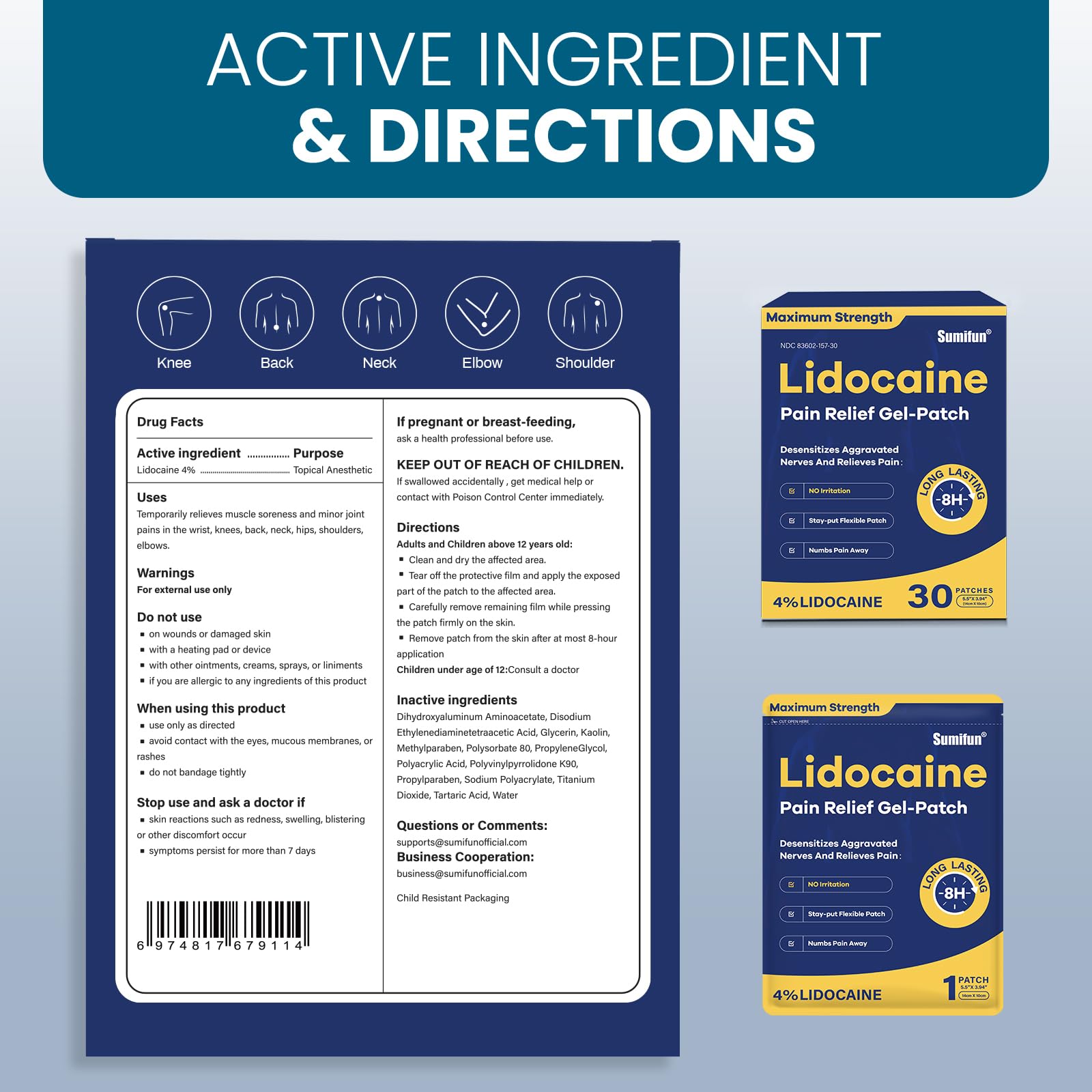 Sumifun 4% Lidocaine Pain Relief Patches 30 Count Maximum Strength Numbing Gel Patch for Back Knee Neck Joint Ache Muscle Soreness Topical Analgesic SumifunAu supplements