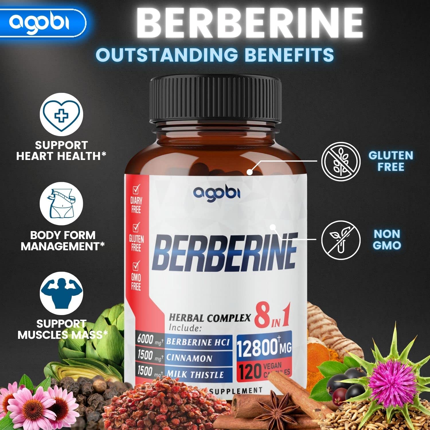 120 Capsules - Berberine Supplement 12800mg with Ceylon, Milk Thistle, Turmeric agobiAu supplements