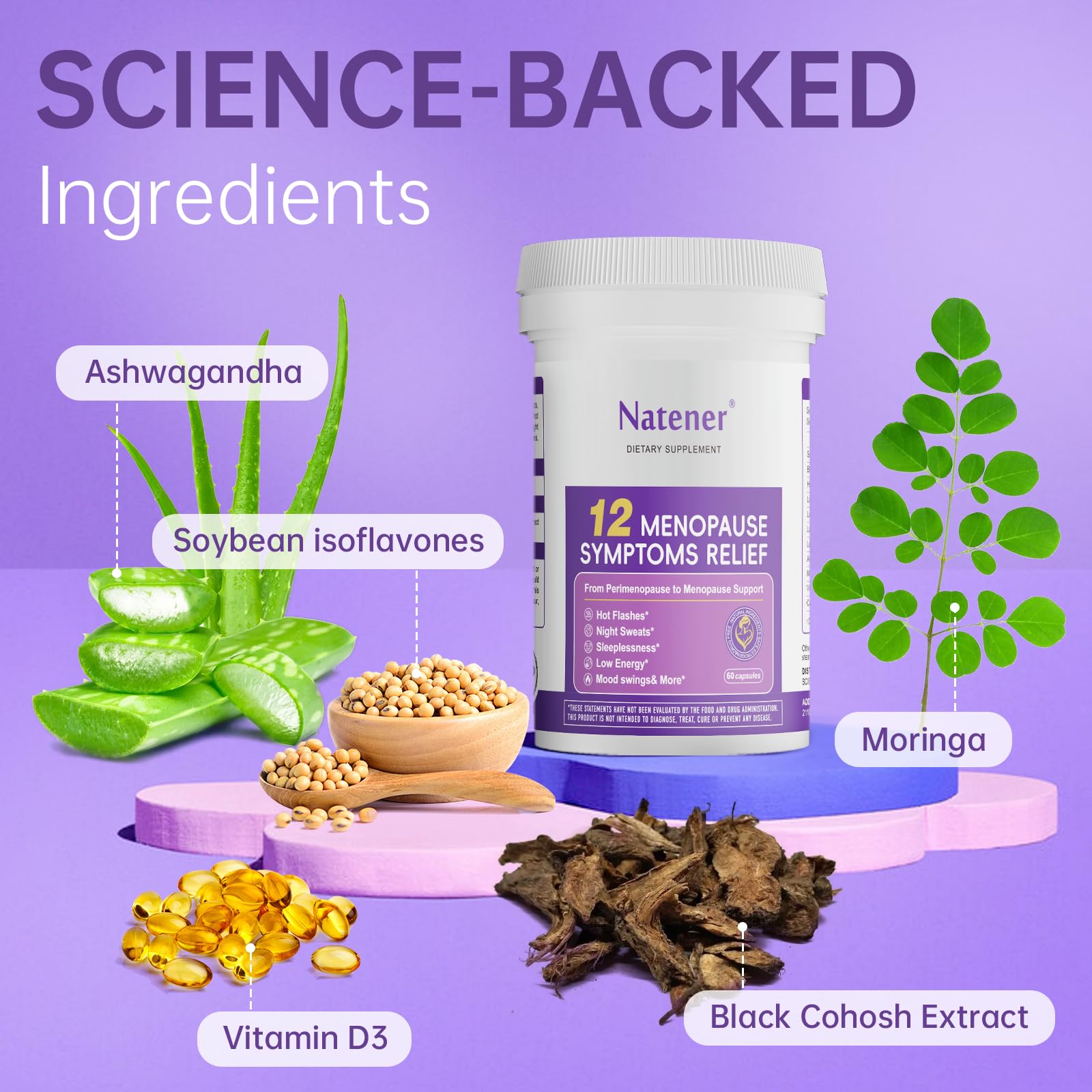 Natener Menopause Supplement for Women, Relieves 12 Menopausal Symptoms* | Black Cohosh + Soy Isoflavones + Ashwagandha + Moringa | for Alleviate Hot Flashes*, Night Sweats*, Weight* & Mood Swings* NatenerAu supplements
