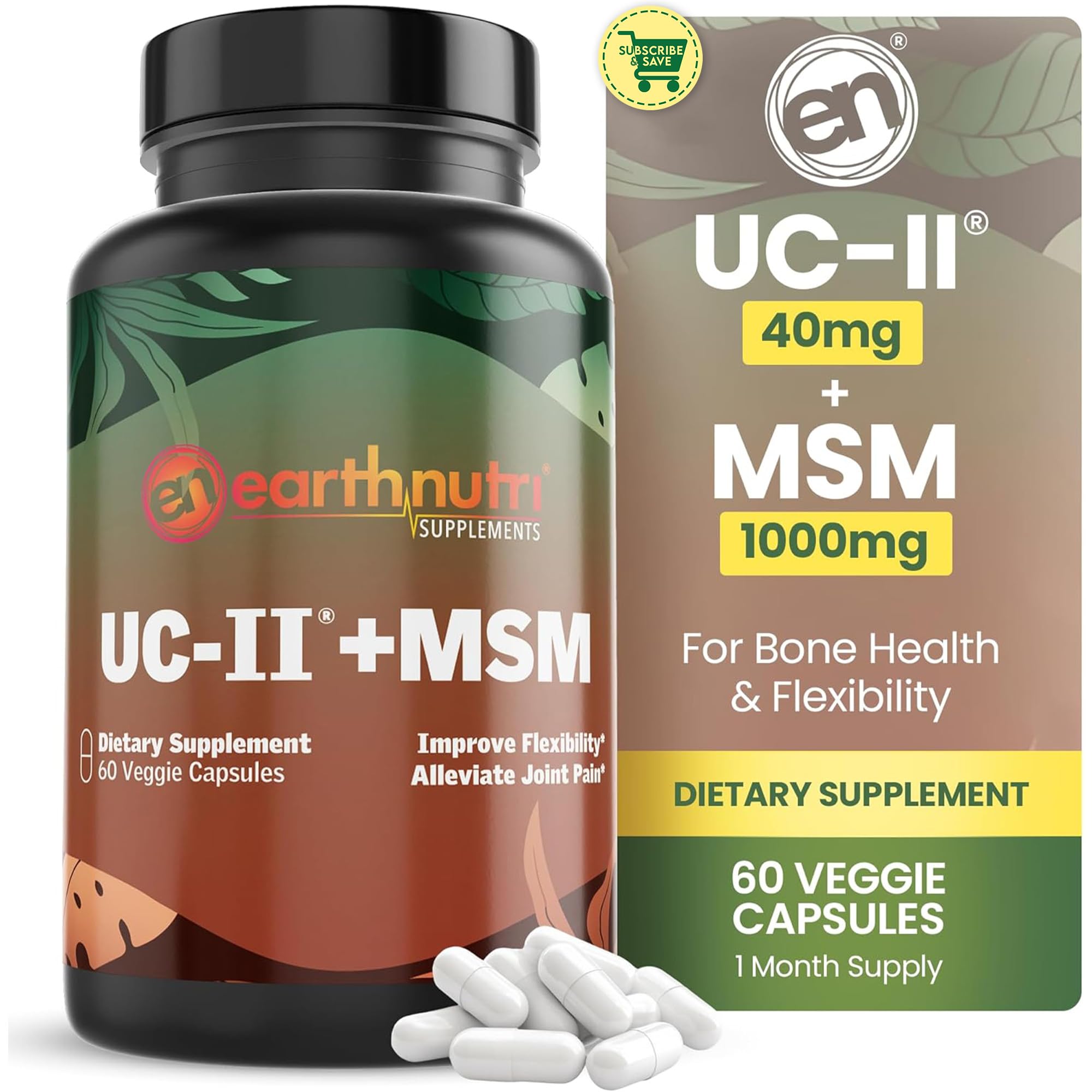 EarthNutri UC-II Collagen & MSM Supplement for Bone Health and Joint Flexibility Joint Supplement - 40mg UC-II Providing 10mg Total Collagen & 1000mg MSM - 60 Capsules (2 Caps Daily) EarthNutriAu supplements