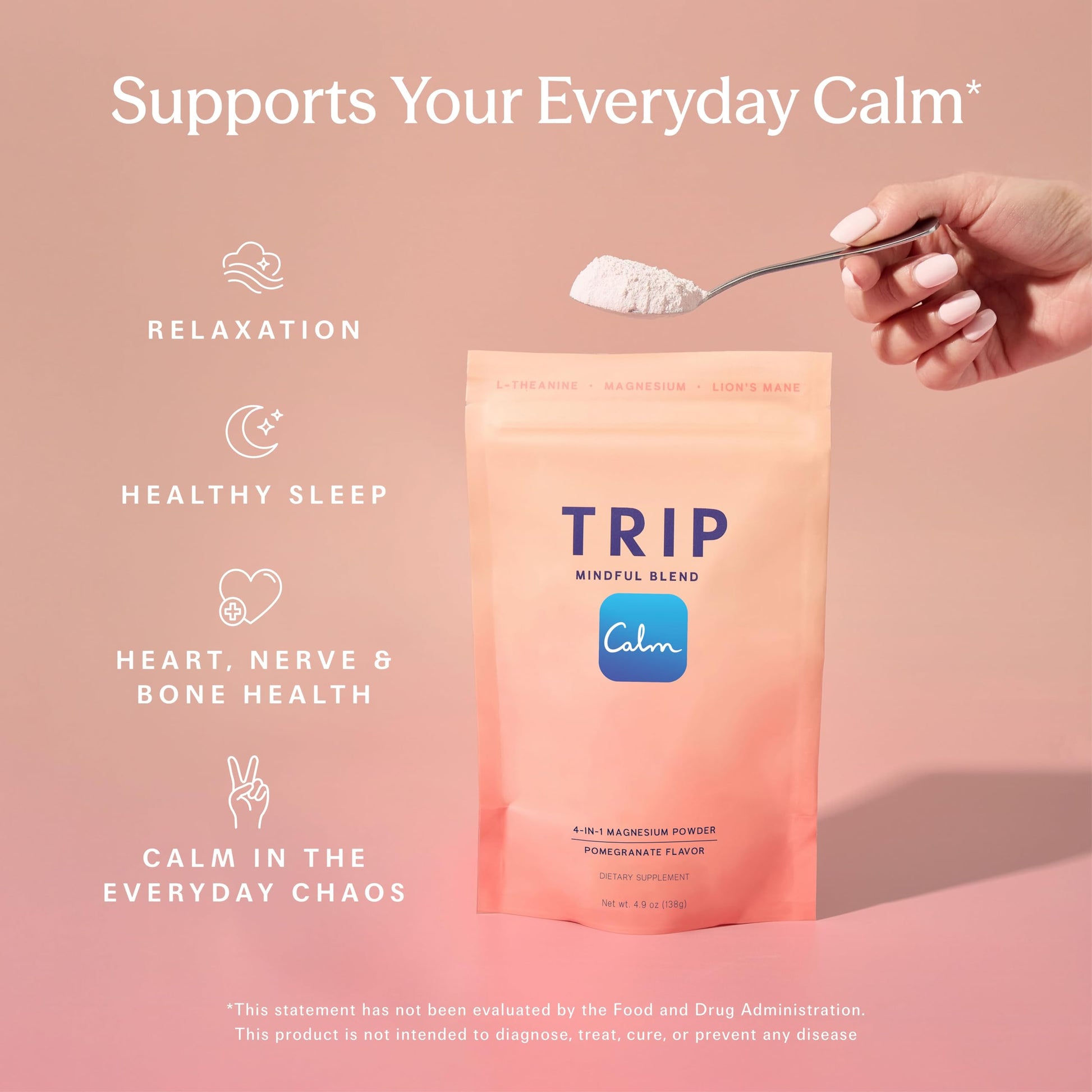 TRIP Magnesium Glycinate Powder with L-Theanine & Lion’s Mane, Sugar Free Magnesium Supplement for Adults, 250mg Magnesium per Drink Mix Serving, Pomegranate Orange Blossom, 1 Bag - 30 Servings TRIPAu supplements