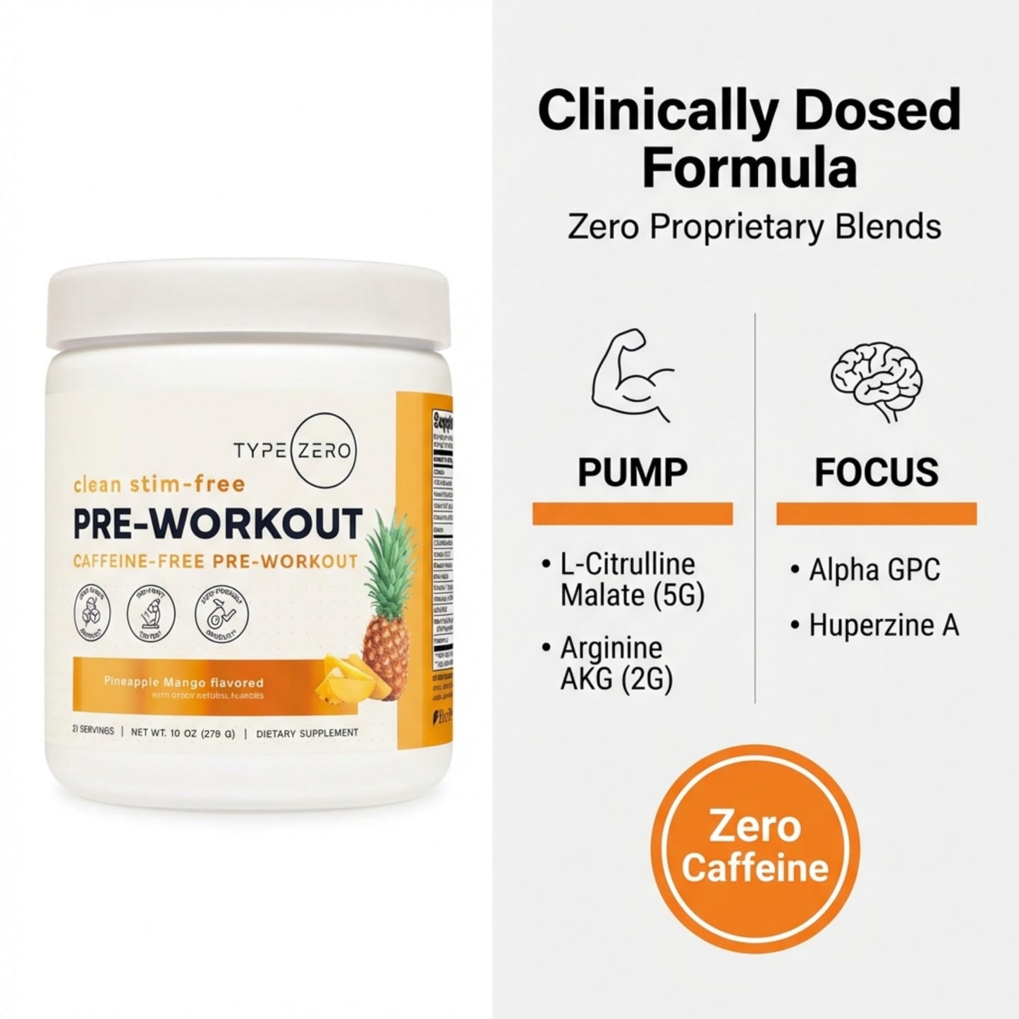 Type Zero Clean Stim Free Pre Workout Powder + Nitric Oxide Booster with L-Citrulline Malate, Arginine AKG, Beta Alanine - Caffeine & Stimulant Free - Pineapple Mango Flavor, 21 Servings Type ZeroUS supplements