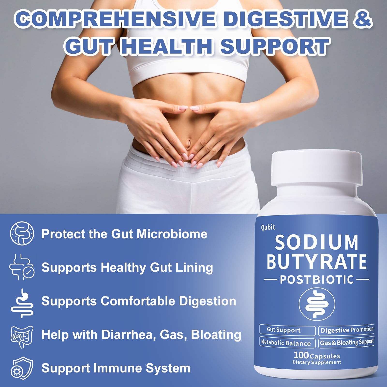 Sodium Butyrate Supplement – Postbiotic for Gut Health, Supports Digestion, IBS, Leaky Gut & Stomach Comfort – Low Odor, Easy to Swallow, No Side Effects – 100 Vegan Capsules QUBITAu supplements