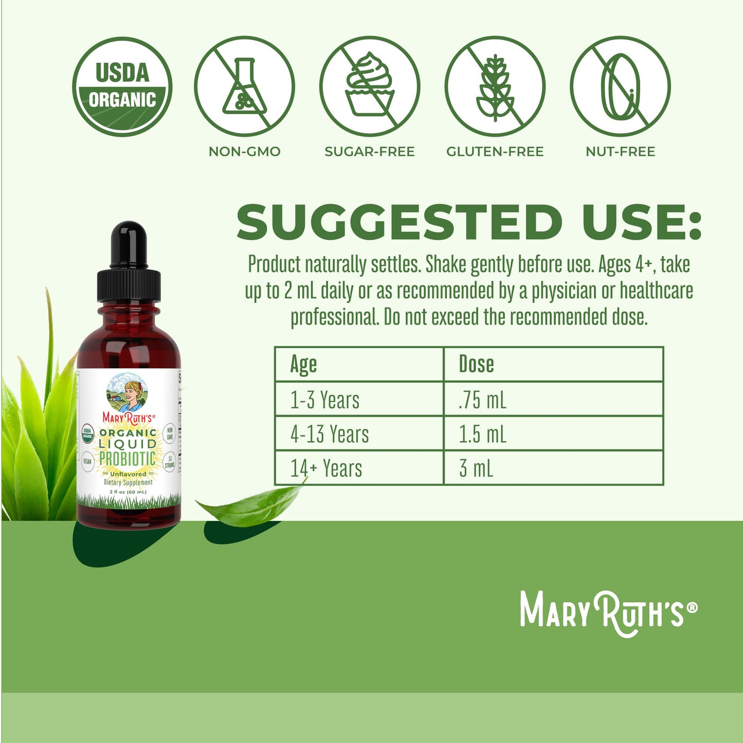 MaryRuth Organics Liquid Probiotic for Ages 4+ | 2 Billion CFU | 13 Probiotic Strains | Gut Health & Digestive Support | Gas & Bloating Support | Vegan | Gluten Free | Travel-Friendly | 20 Servings MARYRUTH'SUS supplements